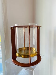 Ralph Lauren Large Saddle Leather and Brass Hurricane Candleholders Pair