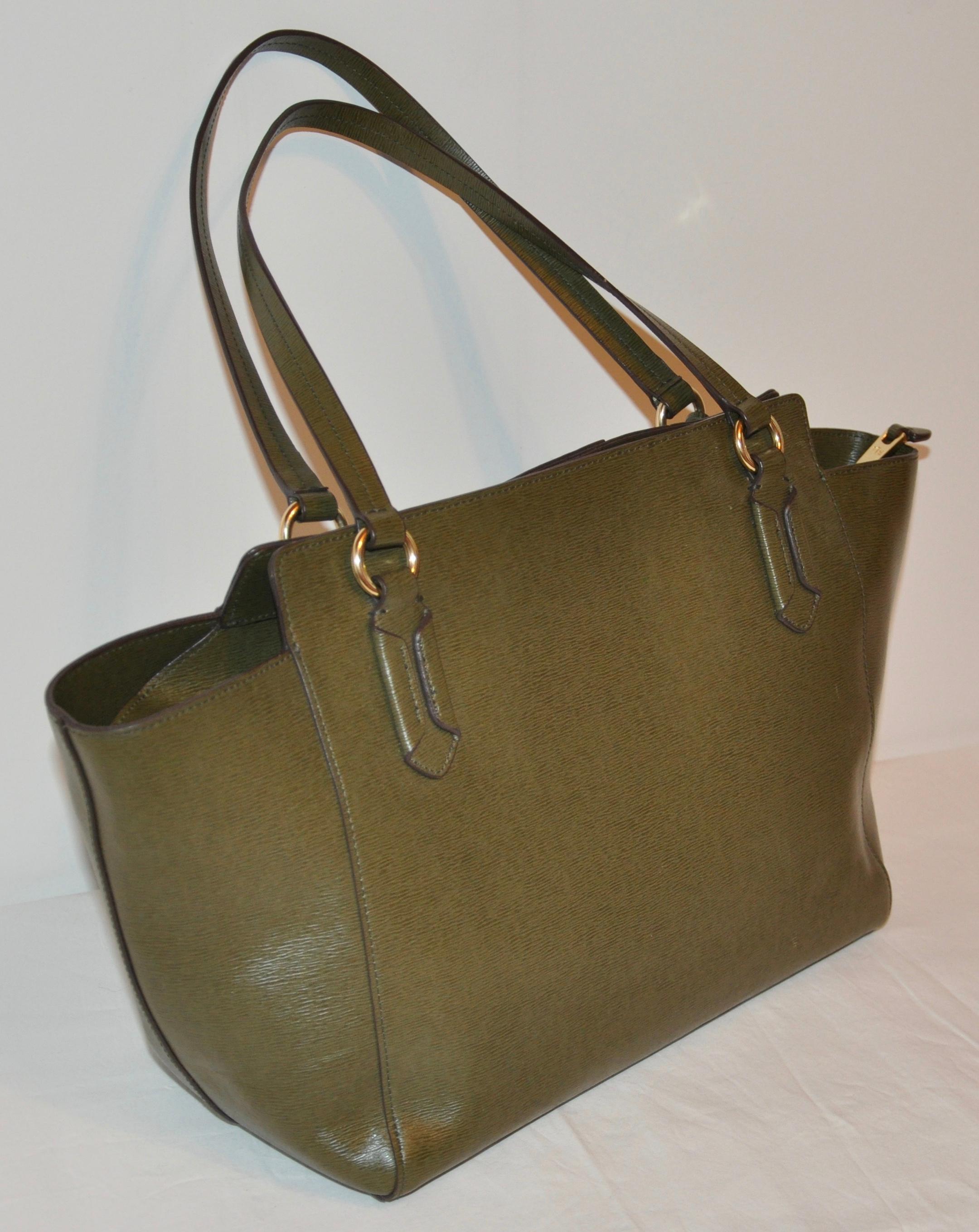 Brown Ralph Lauren Large Textured Calfskin Olive-Green Double Handle Tote For Sale