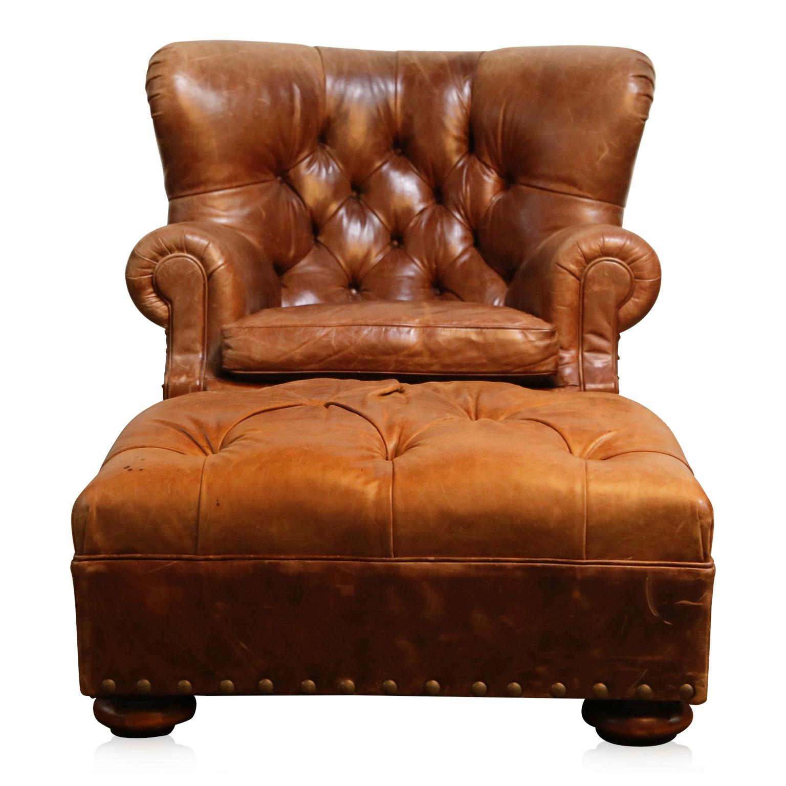 This Ralph Lauren labelled writer's chair and ottoman has such incredible leather, very thick and quality hides were used in it's making. The striking large scale wingback silhouette is iconic, many have copied this design but none are as good as