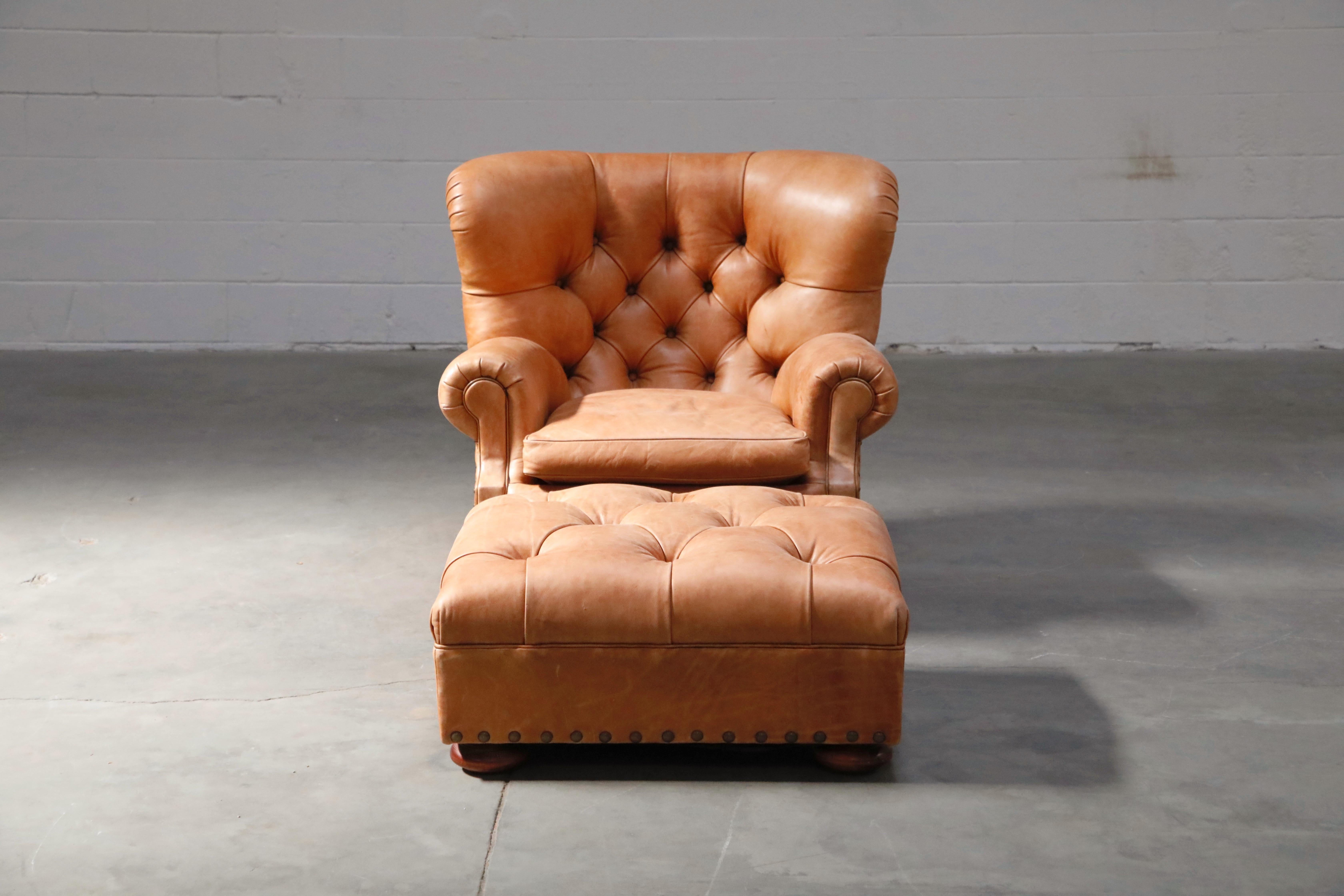 This Ralph Lauren labelled writer's club chair and ottoman has such incredible leather, very thick and quality natural hides were used in it's making. The striking large scale wingback silhouette is iconic, along with the many deeply tufted buttons,