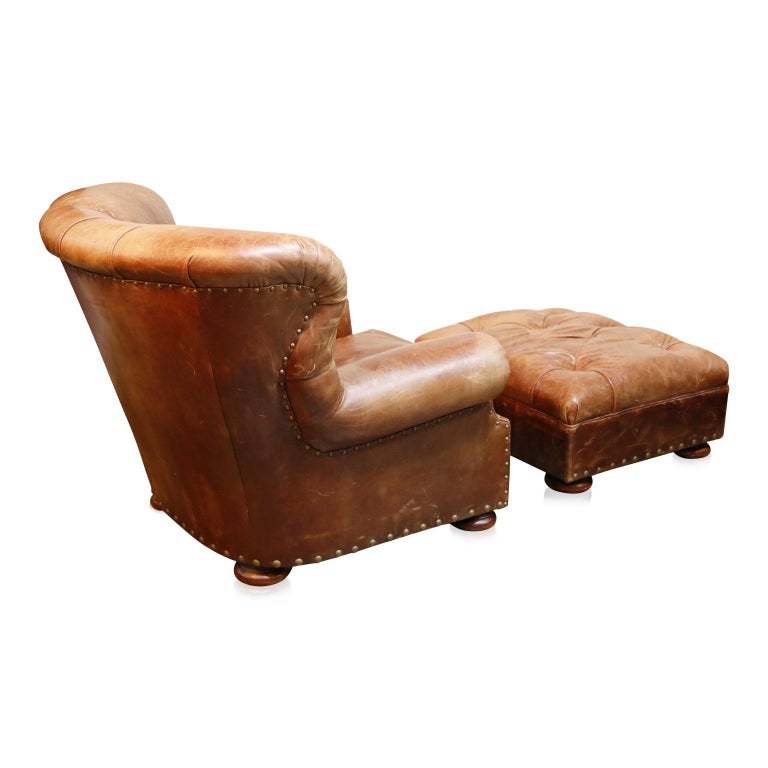 Ralph Lauren Leather and Mahogany "Writer’s" Winged Club Chair and