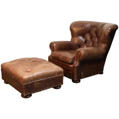 Ralph Lauren Leather and Mahogany "Writer’s" Winged Club Chair & Ottoman, Signed