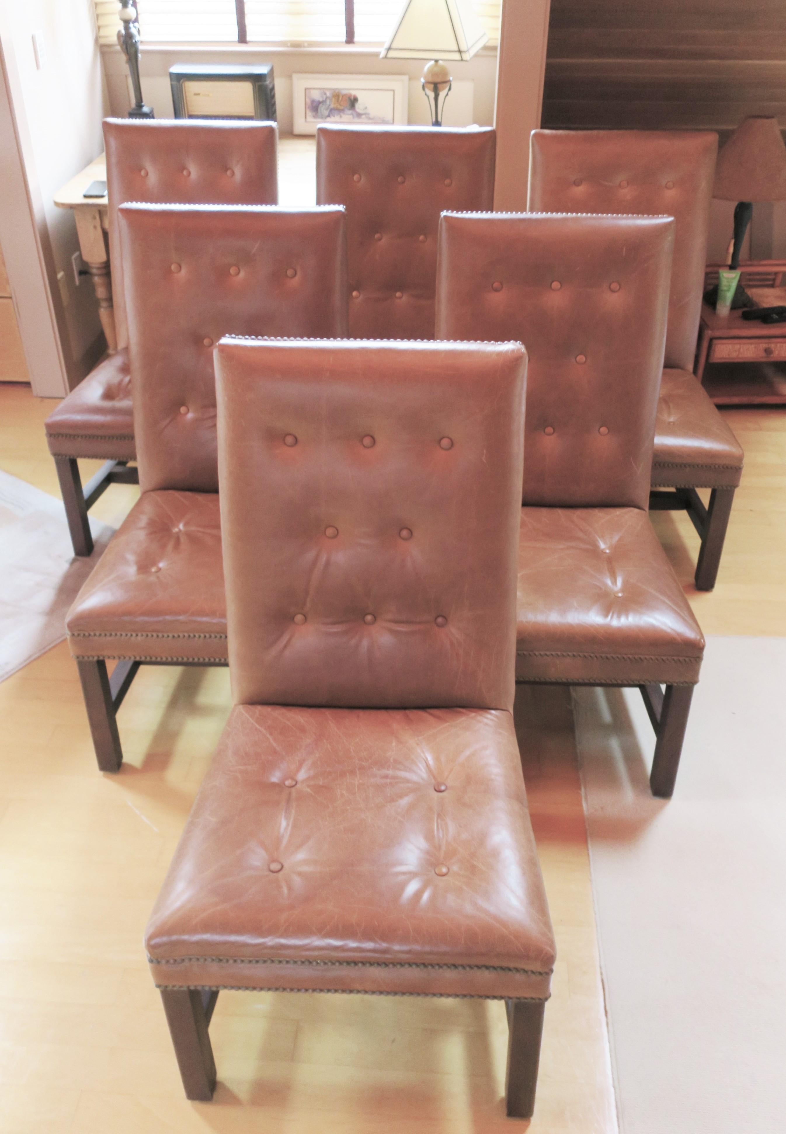A set of six (6) Ralph Lauren leather dining side chairs, circa late 20th century, USA. Made by Henredon for Ralph Lauren Home. Chairs have a brown mahogany wood base frame, upholstered in Ralph Lauren 