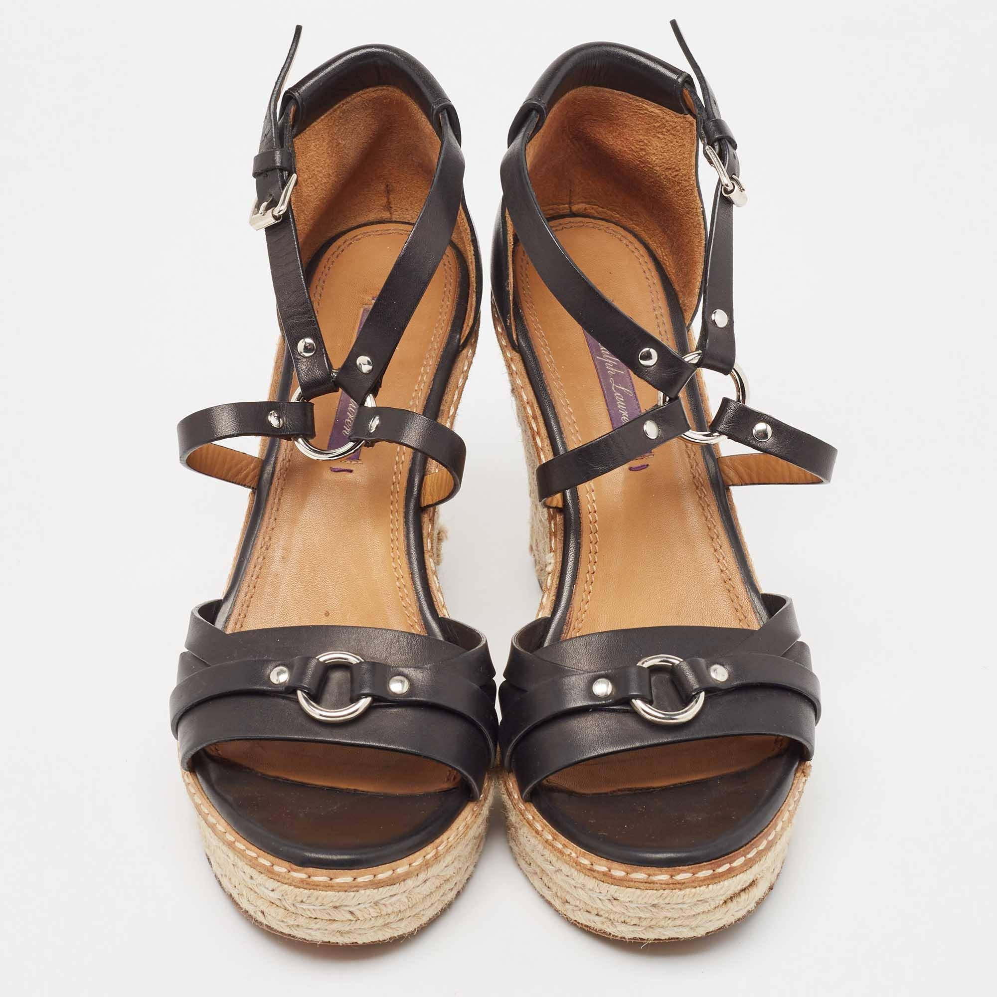 Brown Ralph Lauren Leather Wedge Platform Espadrille Ankle Strap Sandals Size 39.5 For Sale