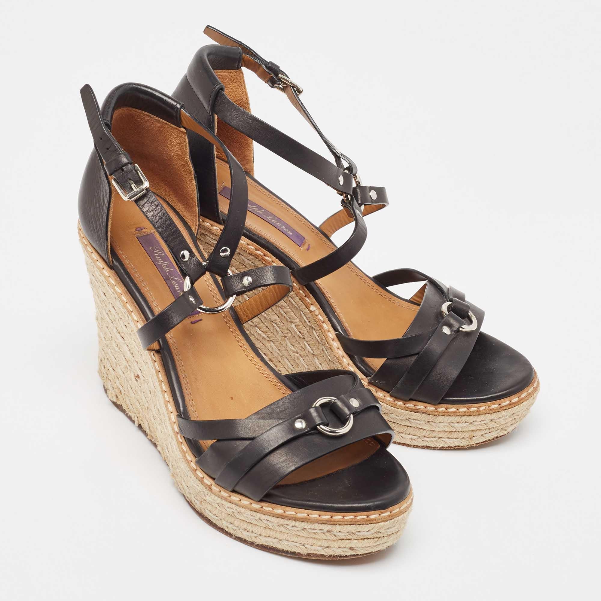 Ralph Lauren Leather Wedge Platform Espadrille Ankle Strap Sandals Size 39.5 In Good Condition For Sale In Dubai, Al Qouz 2