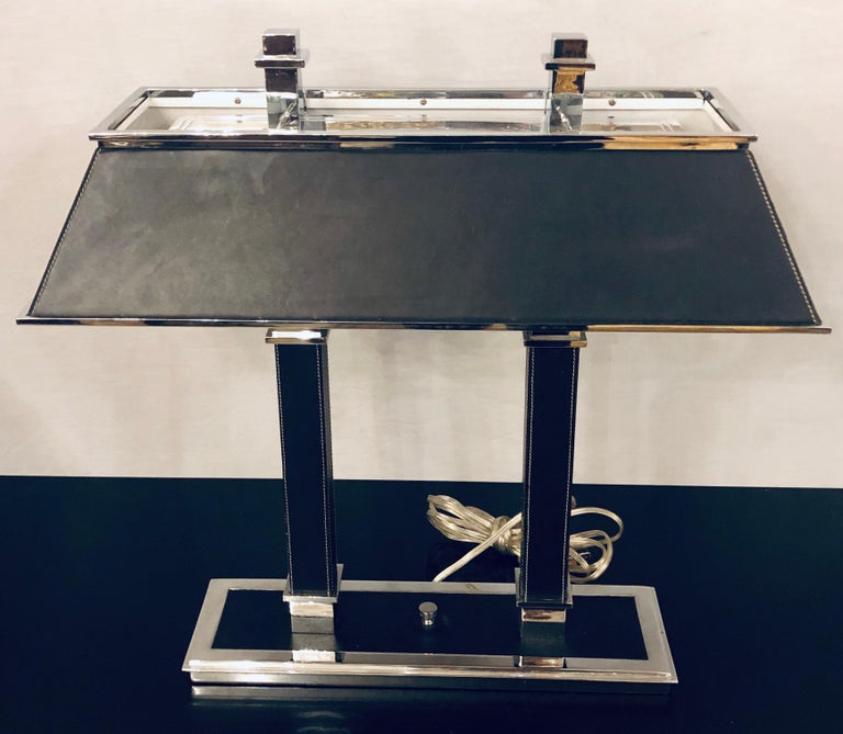 Ralph Lauren Leather Wrapped Chrome Framed Table or Banker Desk Lamp at