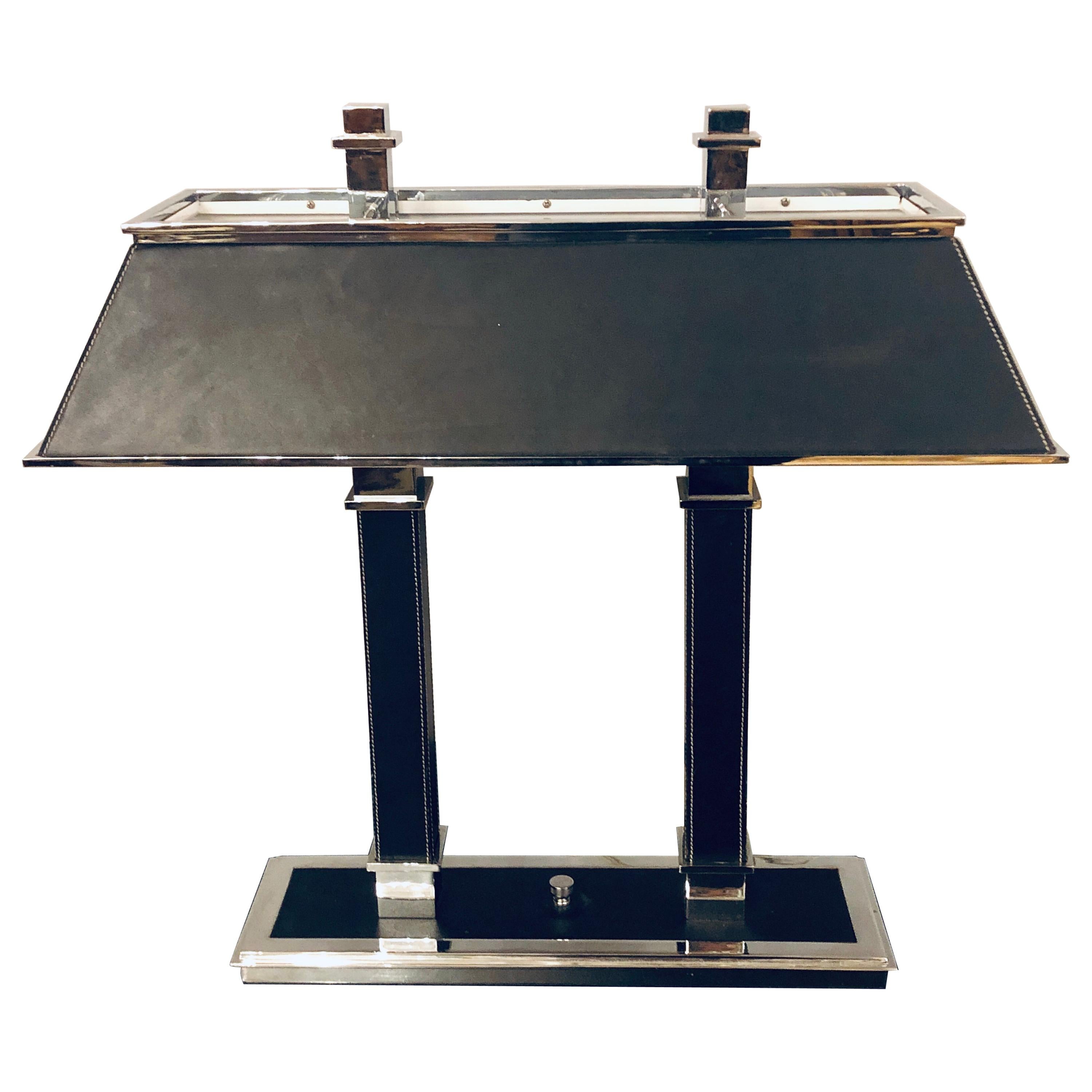 Ralph Lauren Leather Wrapped Chrome Framed Table or Banker Desk Lamp