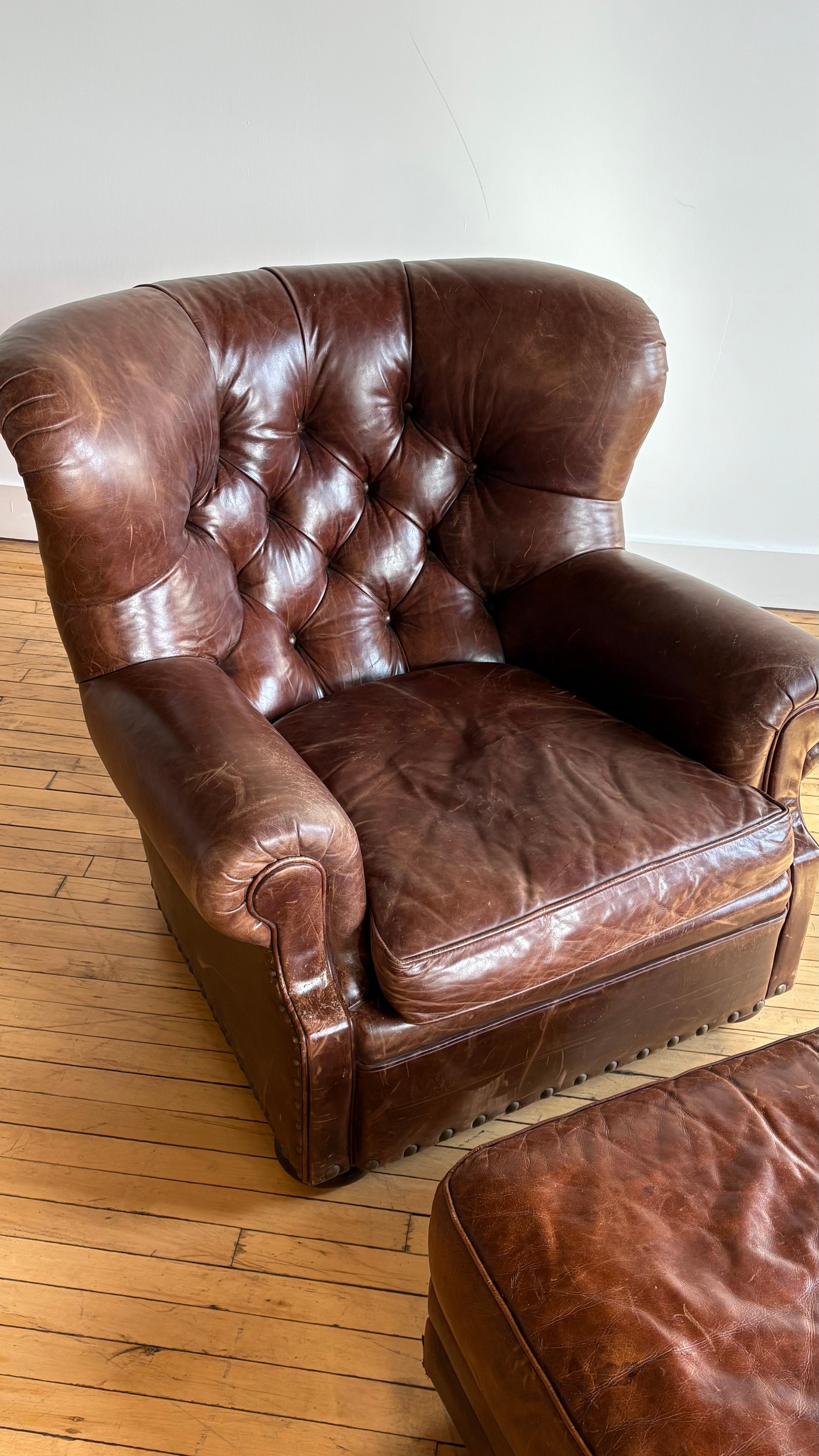 Chesterfield Ralph Lauren Leather Writer’s Chair and Ottoman For Sale