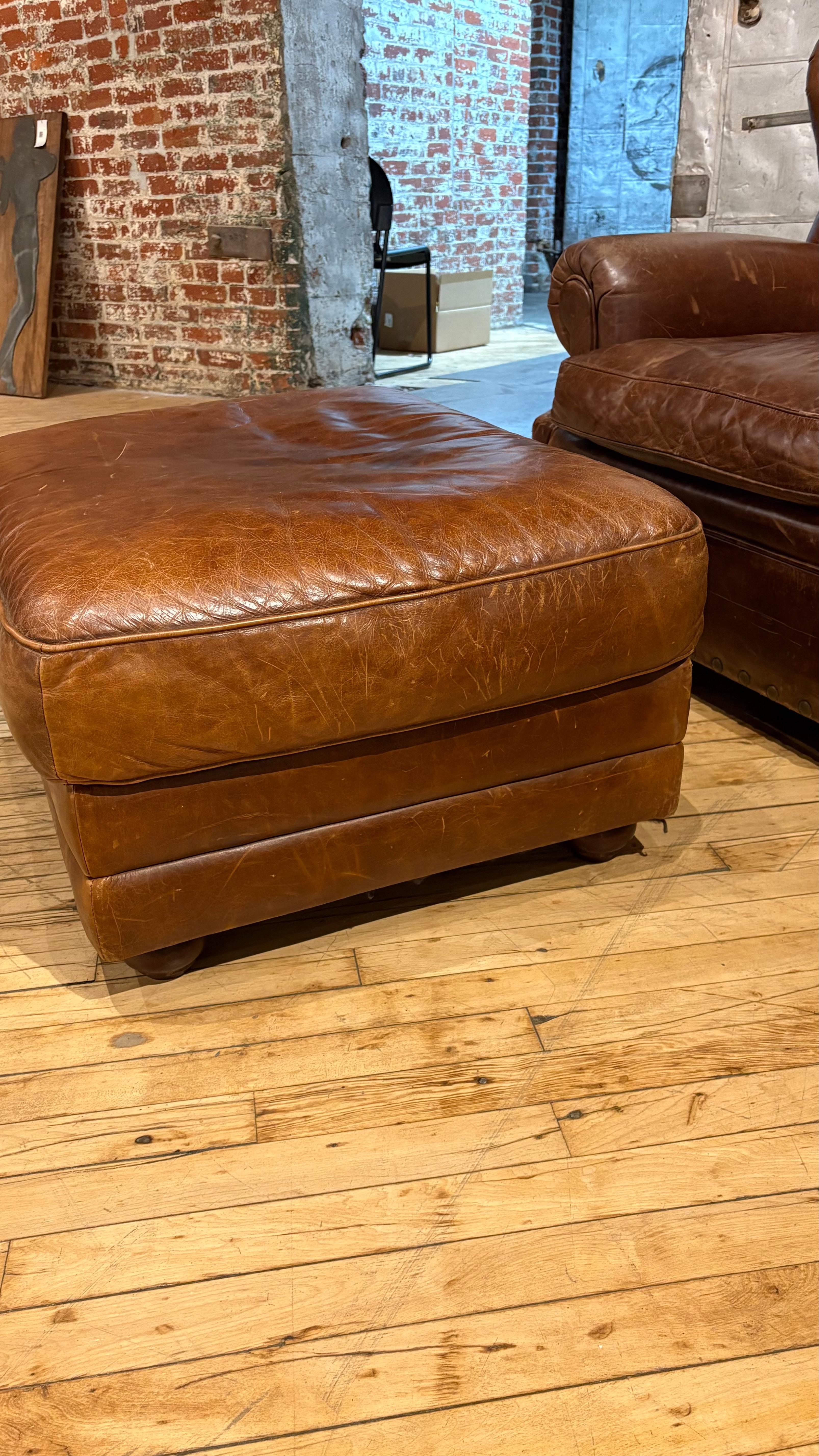 Ralph Lauren Leather Writer’s Chair and Ottoman In Fair Condition For Sale In New York, NY