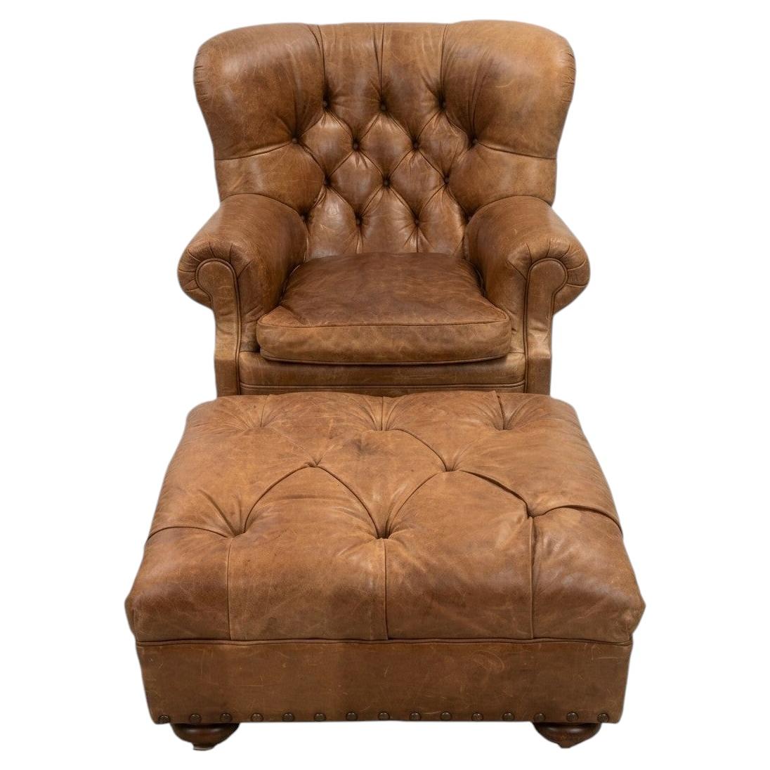 Ralph Lauren Leather Writer's Chair and Ottoman For Sale