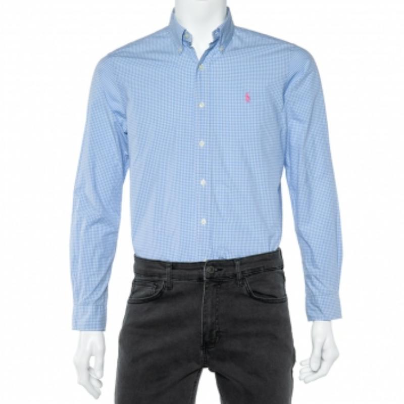Ralph Lauren - Camicia button down in cotone a quadri blu chiaro S
