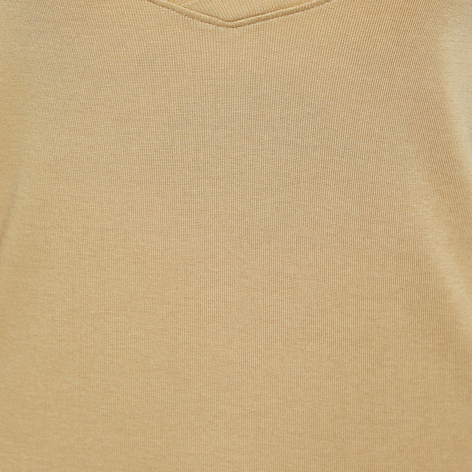 Beige Ralph Lauren Light Brown Cotton Knit Wide V-Neck T-Shirt L For Sale
