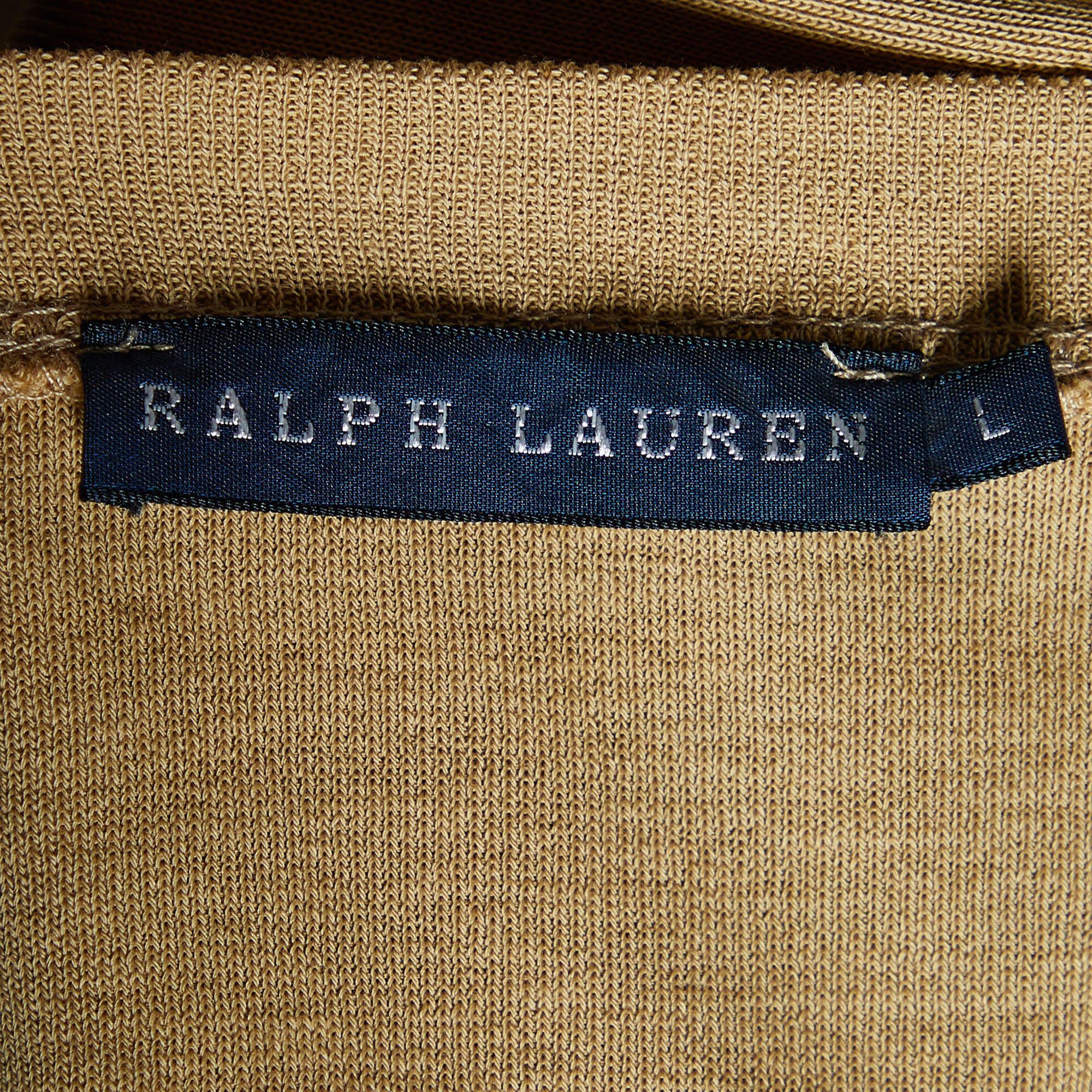 Ralph Lauren Light Brown Cotton Knit Wide V-Neck T-Shirt L In Excellent Condition For Sale In Dubai, Al Qouz 2