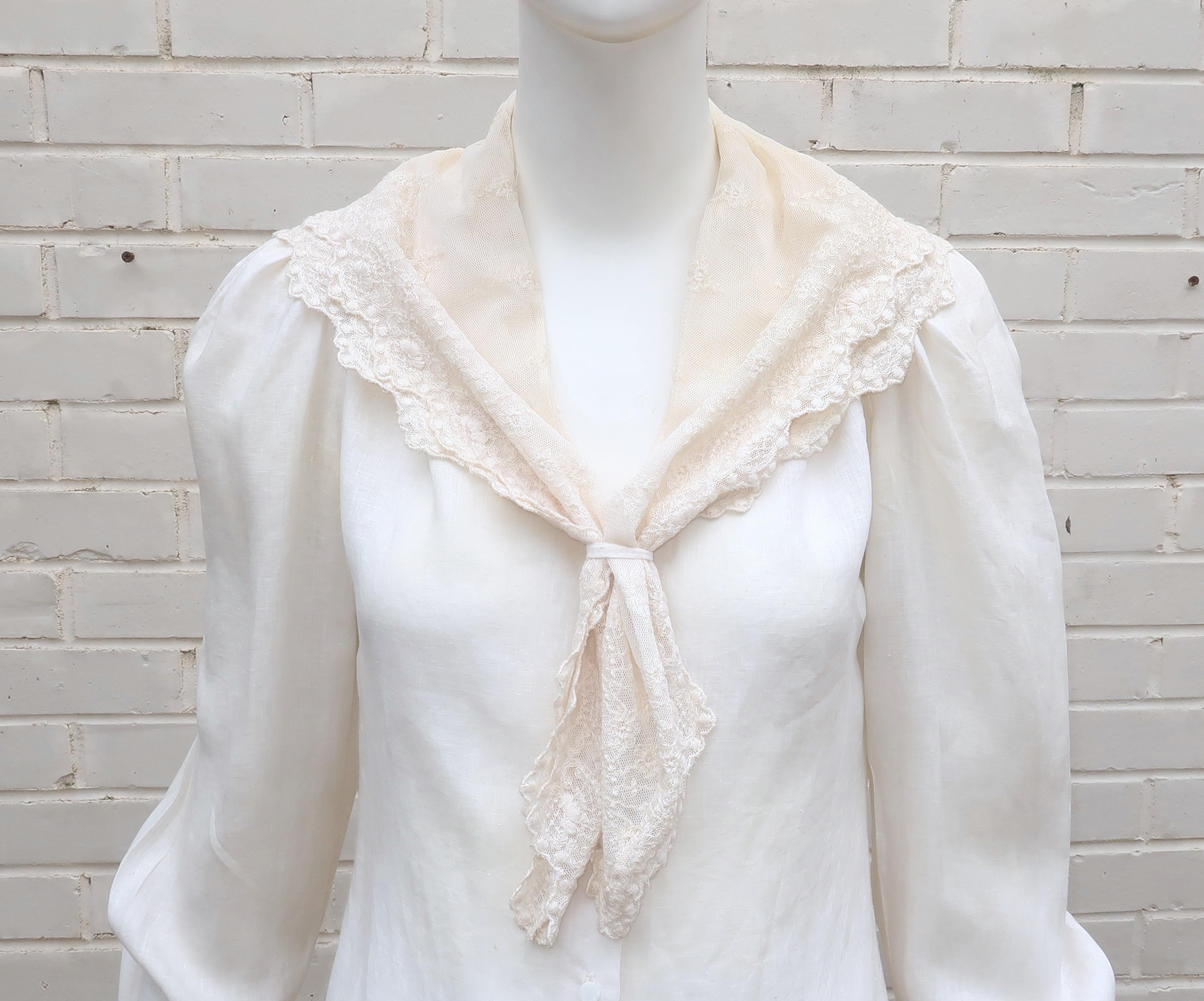 Ralph Lauren has always been the master at creating romantic clothing for the modern American woman.  This beautiful and old fashioned linen and lace blouse conjures images of the American frontier at the turn of the 20th century.  It buttons up the