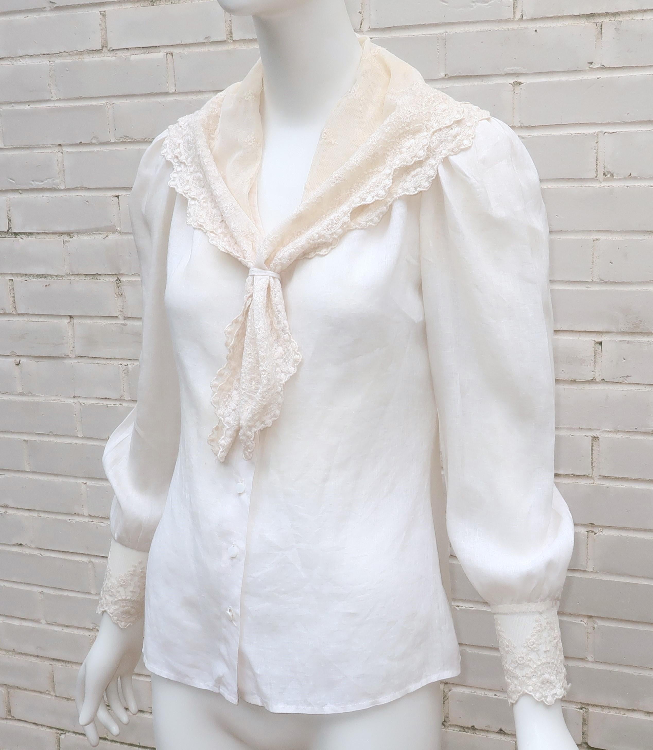 Gray RALPH LAUREN Linen & Lace Blouse, 1980’s