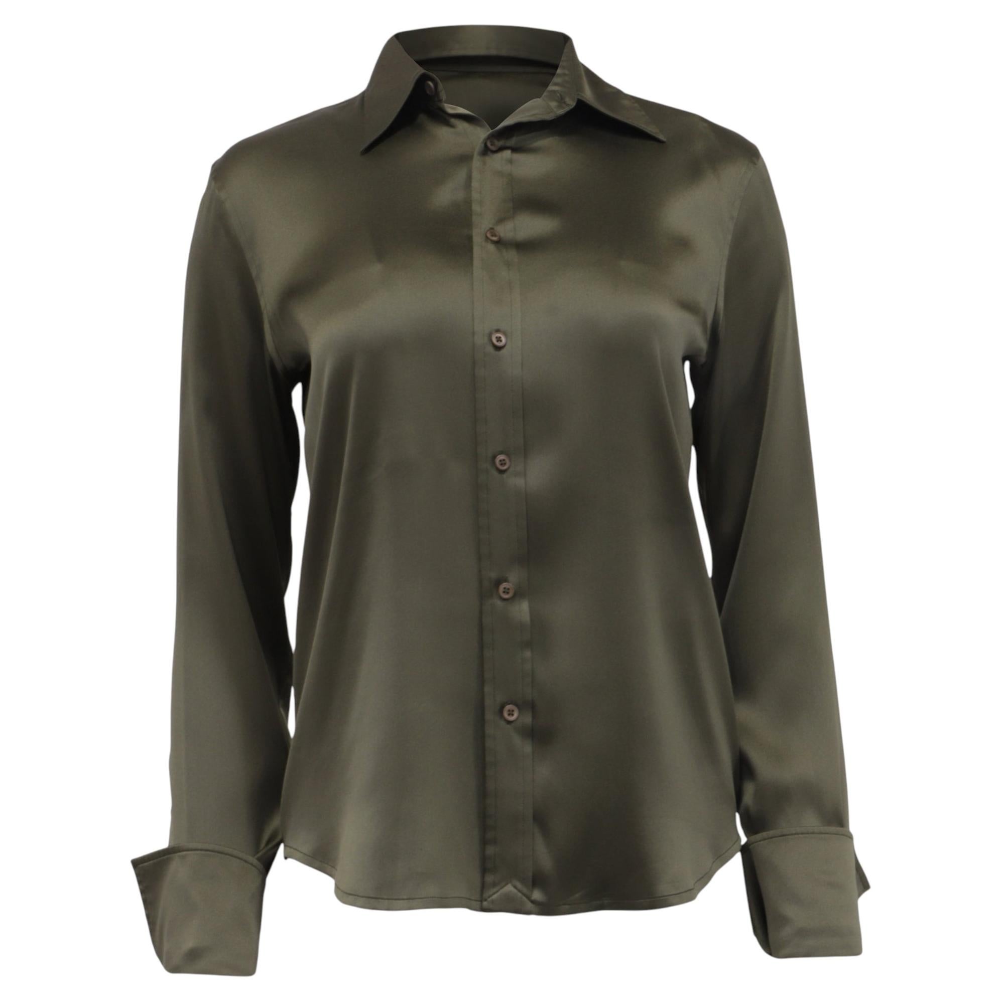 Ralph Lauren Long Sleeve Button Up Blouse in Olive Green Silk