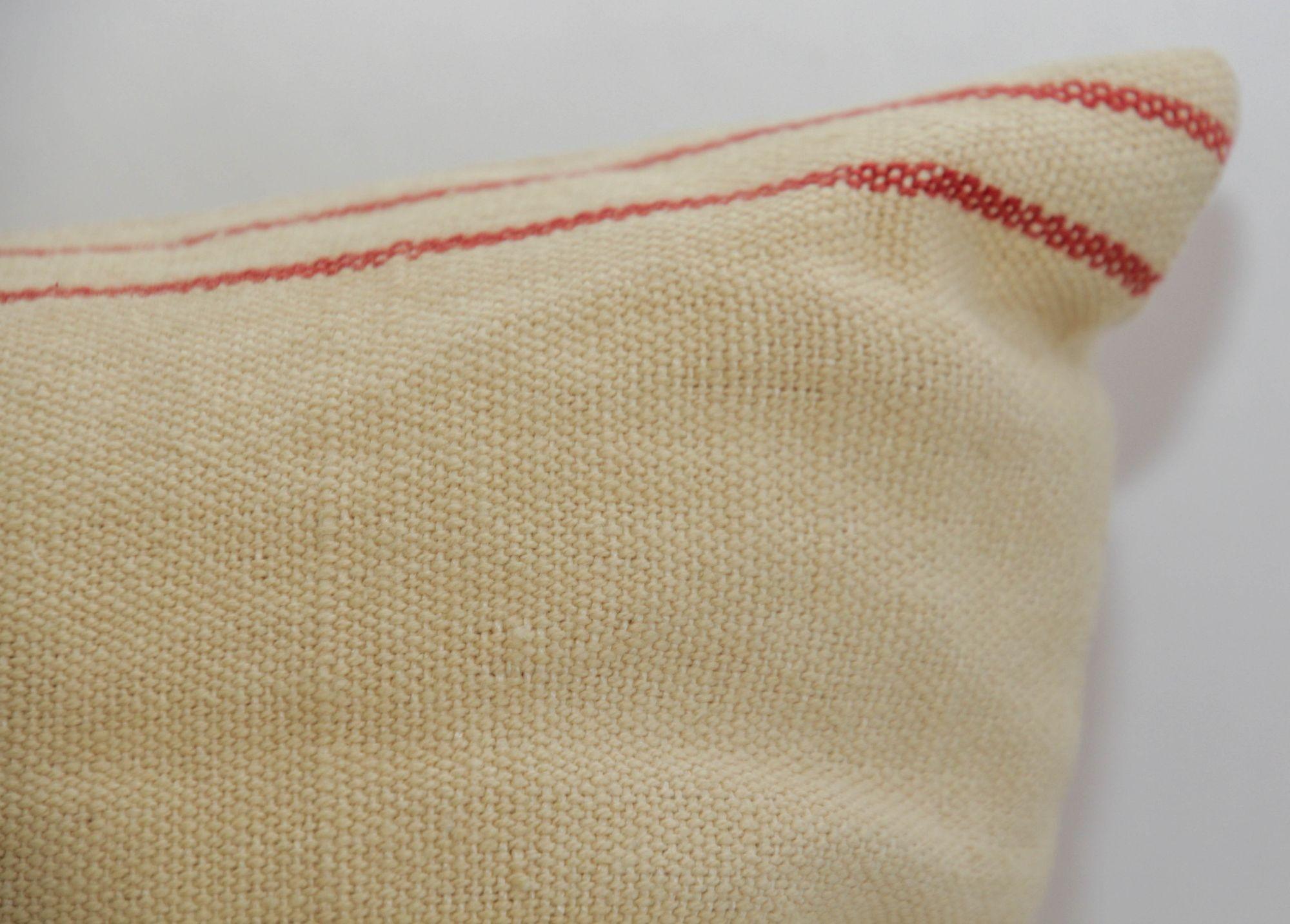 Vintage rectangular shape Country French grain sack red stripes linen color background throw pillow.
Lauren Ralph Lauren, RLL decorative linen lumbar throw pillow with stripe and side ties and down filled insert.
Rectangular shape Ralph Lauren