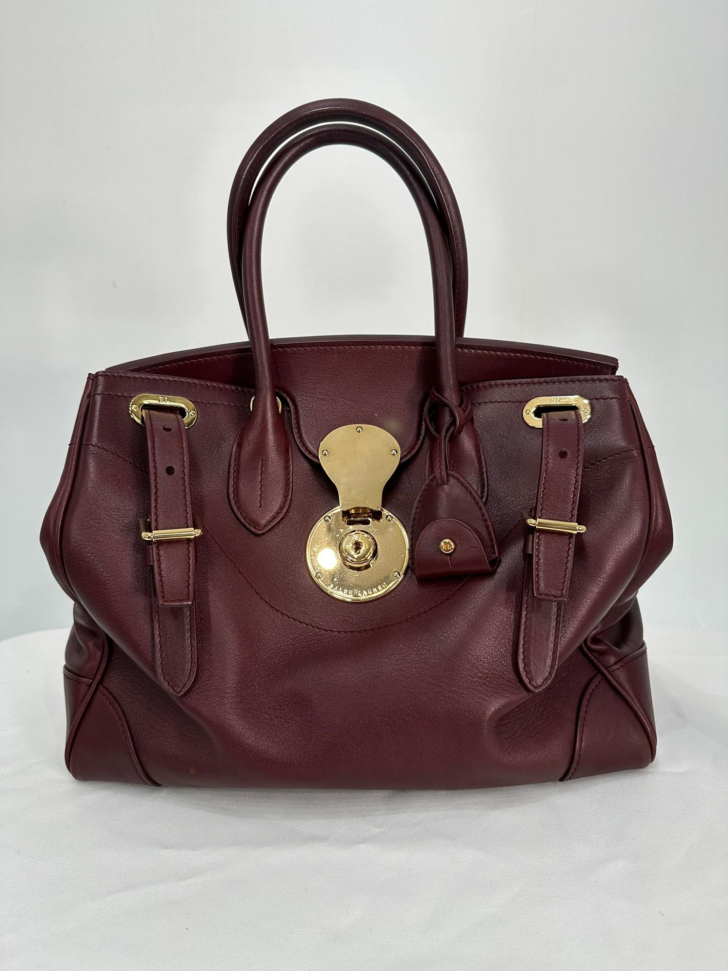 Ralph Lauren Luxe Burgundy Calf Ricky 33 Gold Hardware Handbag with Accessories
2 top handles, each with an 11.4 cm handle drop.
Removable adjustable cross body strap with a  55.9 cm max. drop.
Gold brass hardware with signature Ricky push lock at