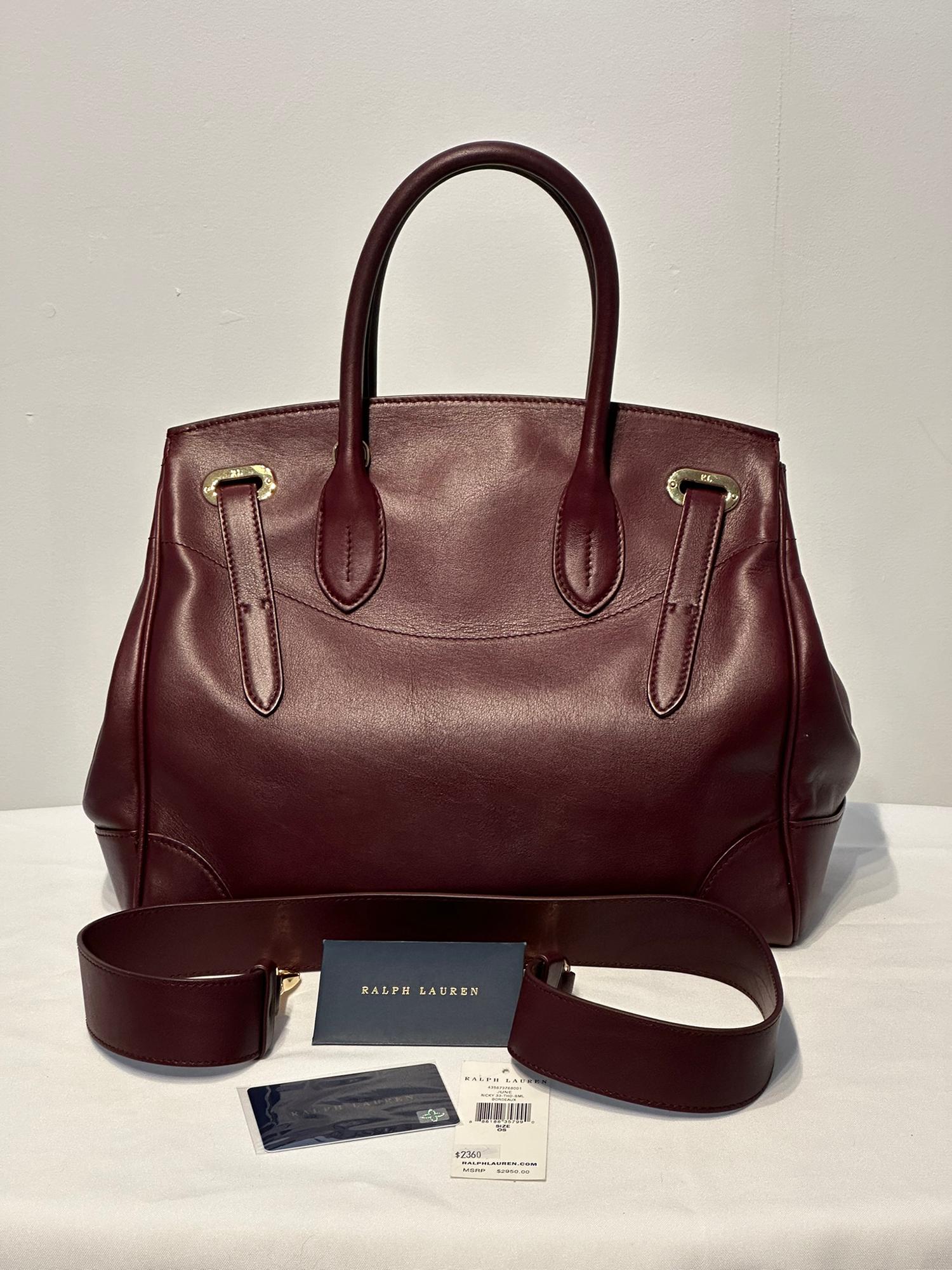 Ralph Lauren Luxe Burgundy Calf Ricky 33 Gold Hardware Handbag with Accessories In Excellent Condition In West Palm Beach, FL