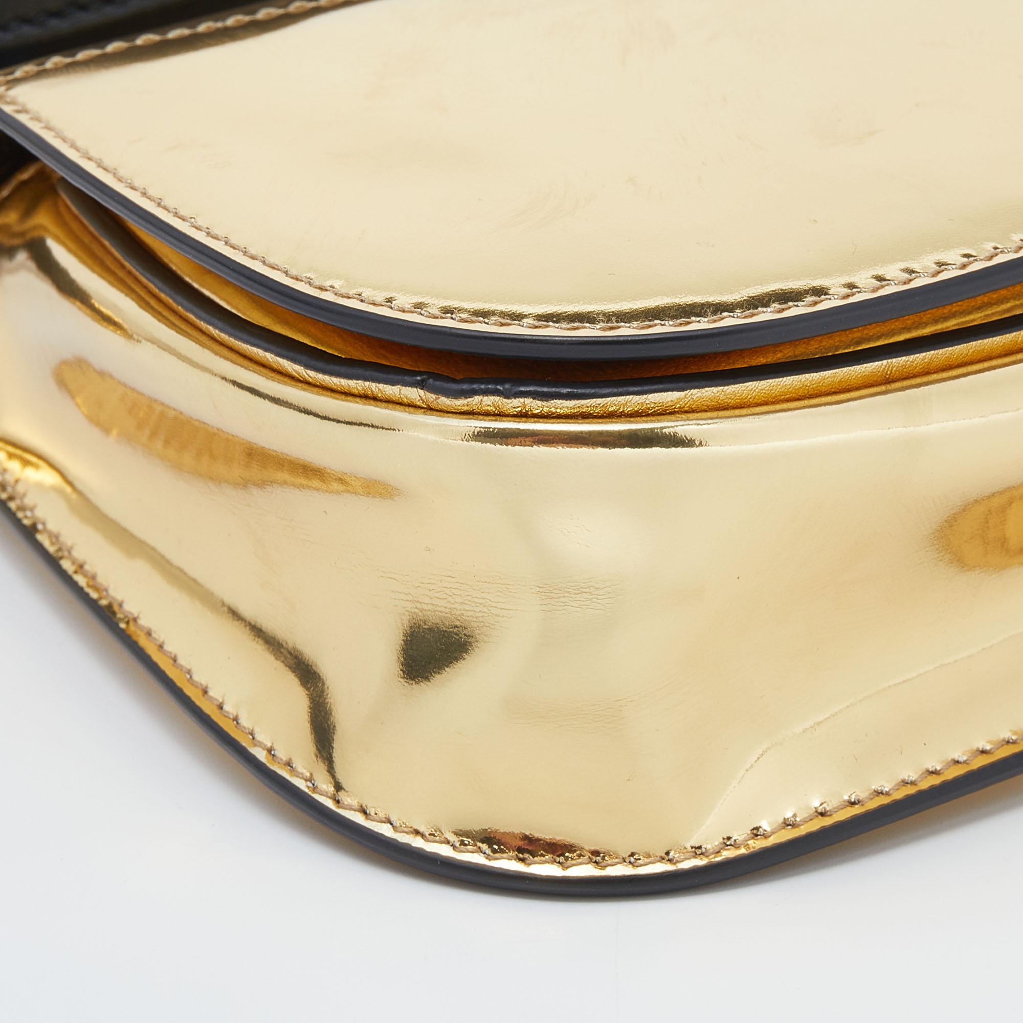 Beige Ralph Lauren Metallic Gold/Black Leather Mini Saddle Bag