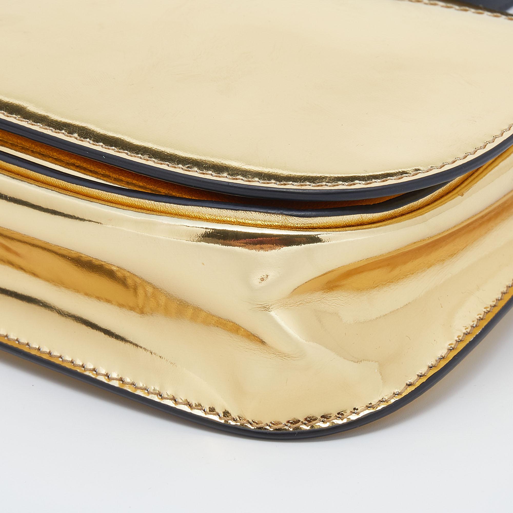 Ralph Lauren Metallic Gold/Black Leather Mini Saddle Bag In Good Condition In Dubai, Al Qouz 2