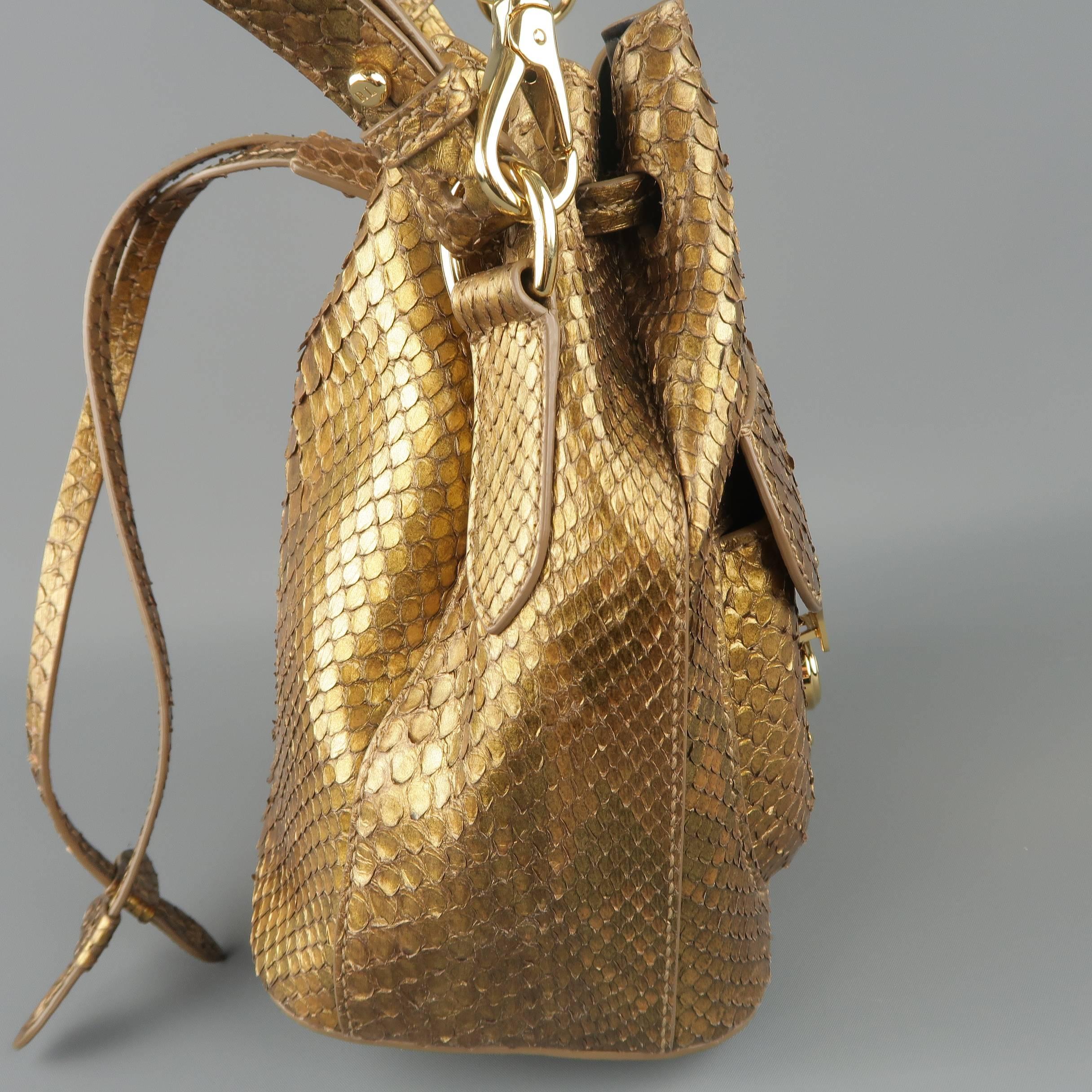 Brown Ralph Lauren Metallic Gold Snake Skin Leather Ricky Bucket Bag Handbag