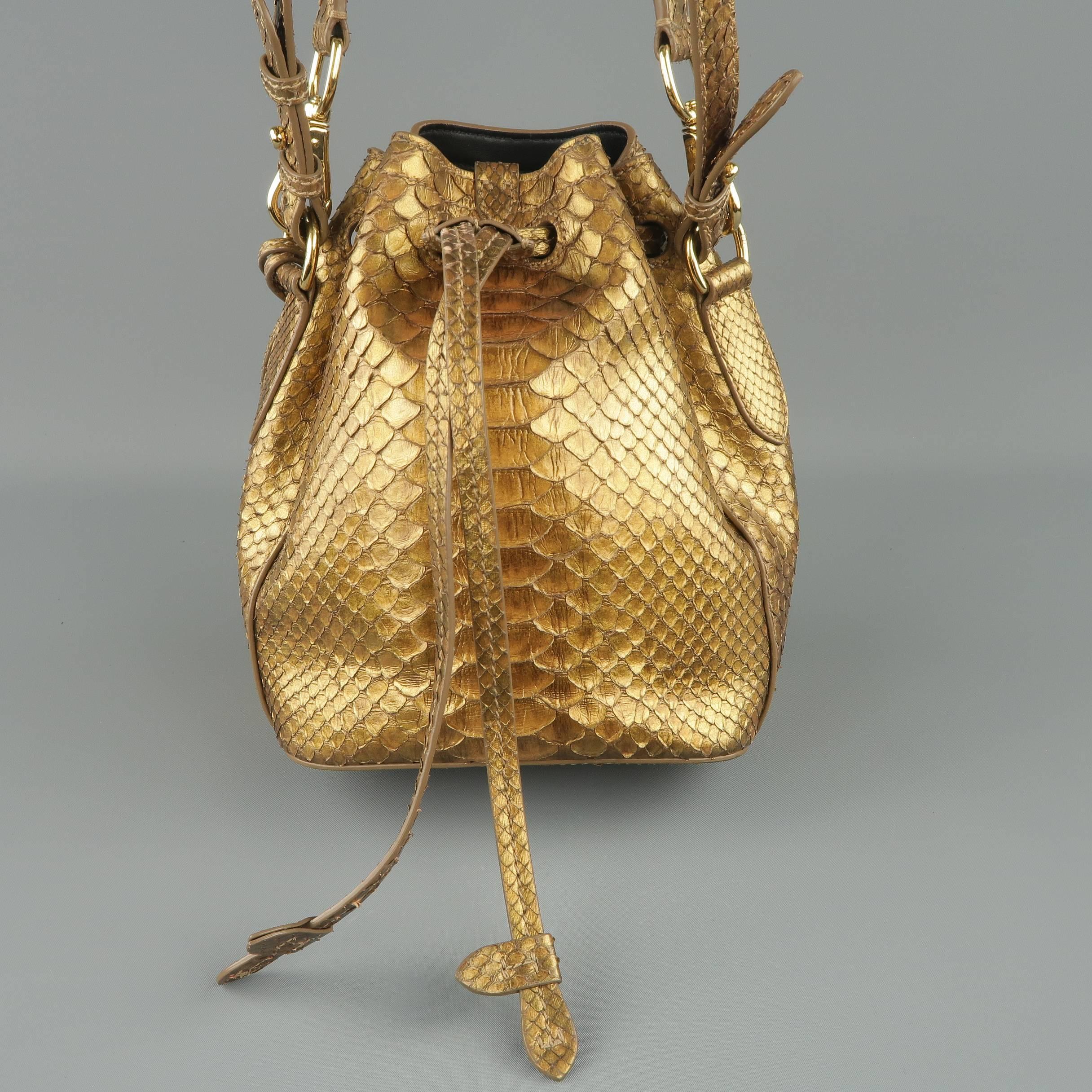 Ralph Lauren Metallic Gold Snake Skin Leather Ricky Bucket Bag Handbag In Excellent Condition In San Francisco, CA
