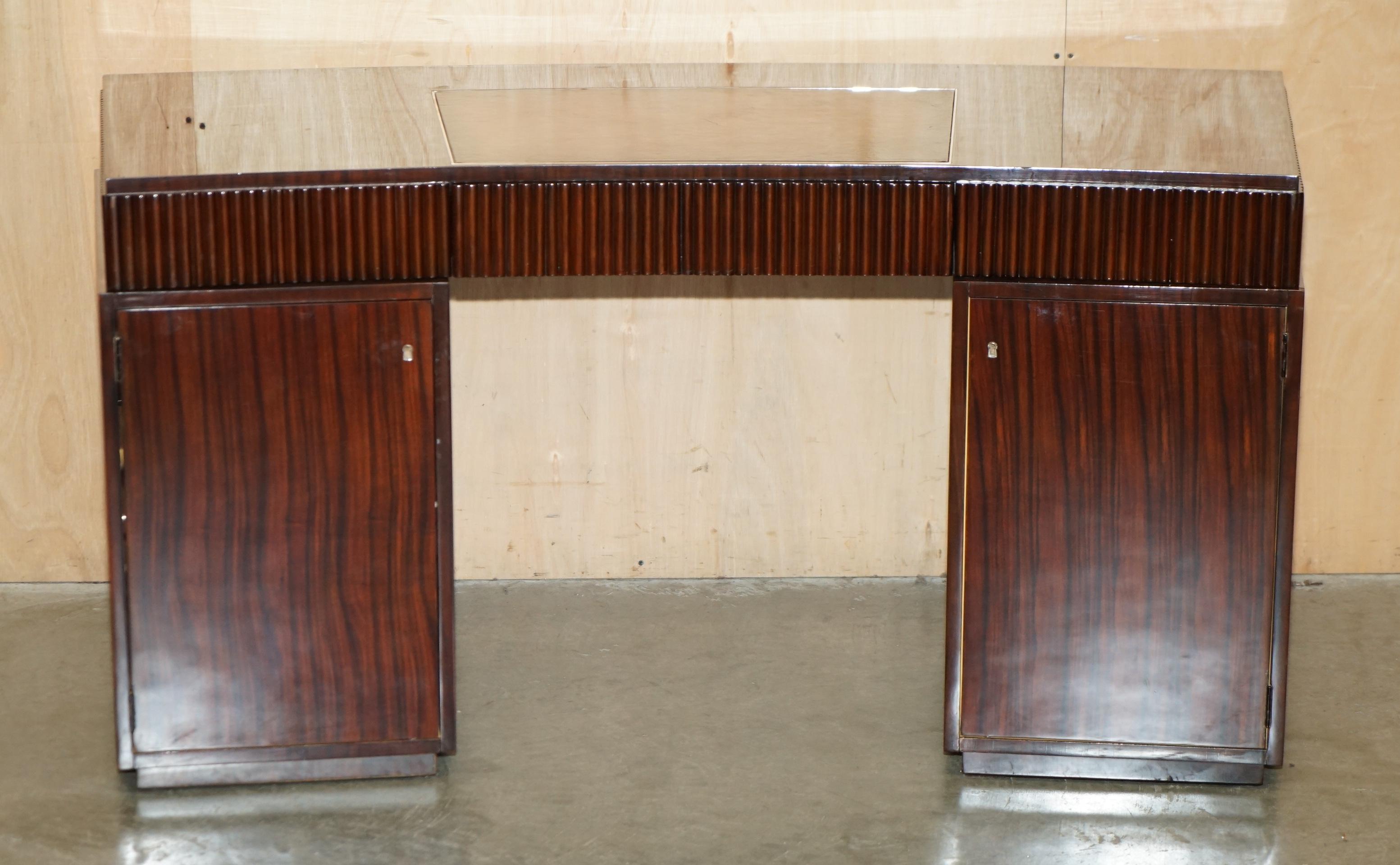 Art Déco RALPH LAUREN METROPOLIS MACASSAR & BROWN LEATHER FRENCH ART DECO CURVED DESk in vendita