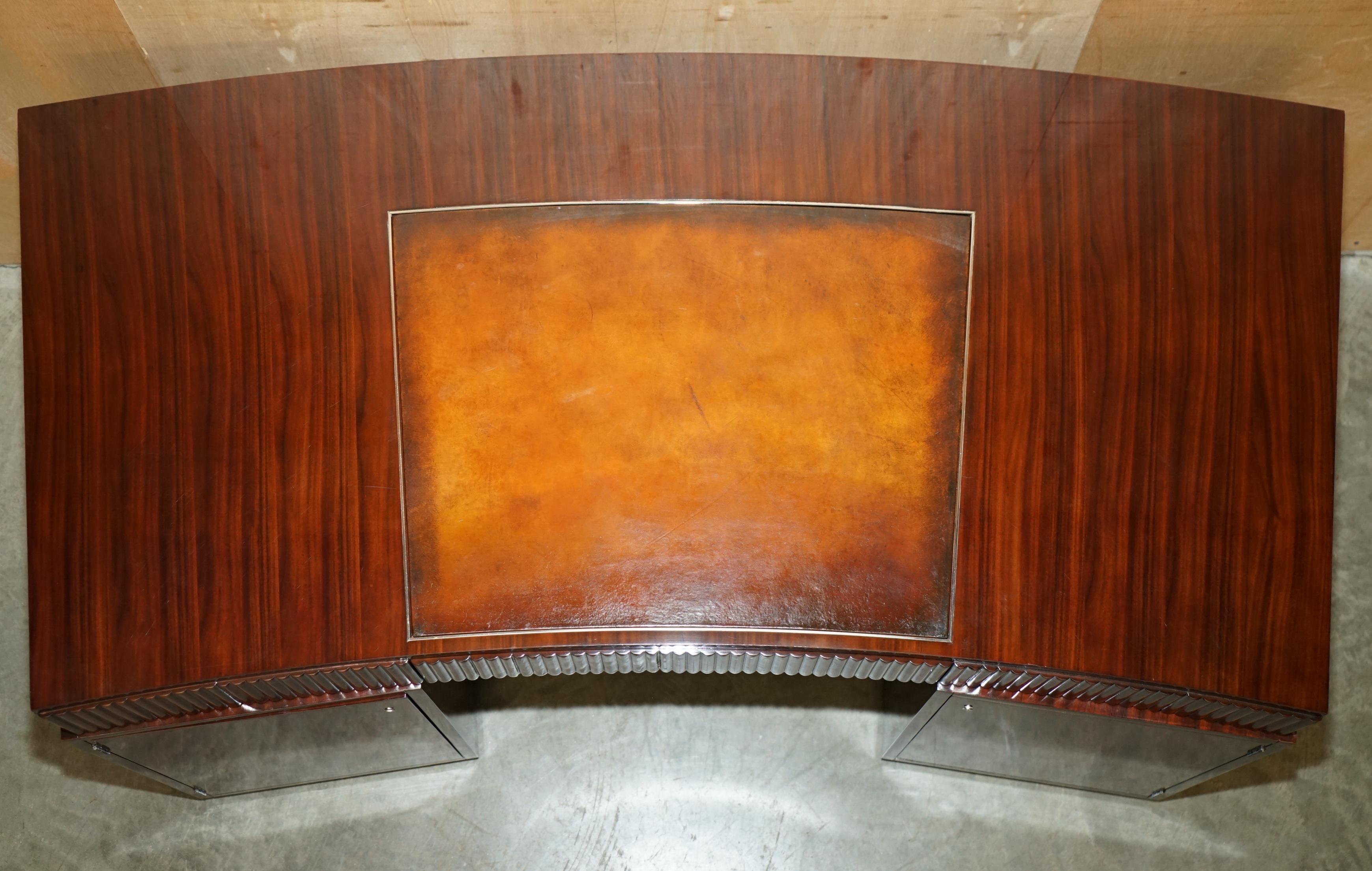 XX secolo RALPH LAUREN METROPOLIS MACASSAR & BROWN LEATHER FRENCH ART DECO CURVED DESk in vendita