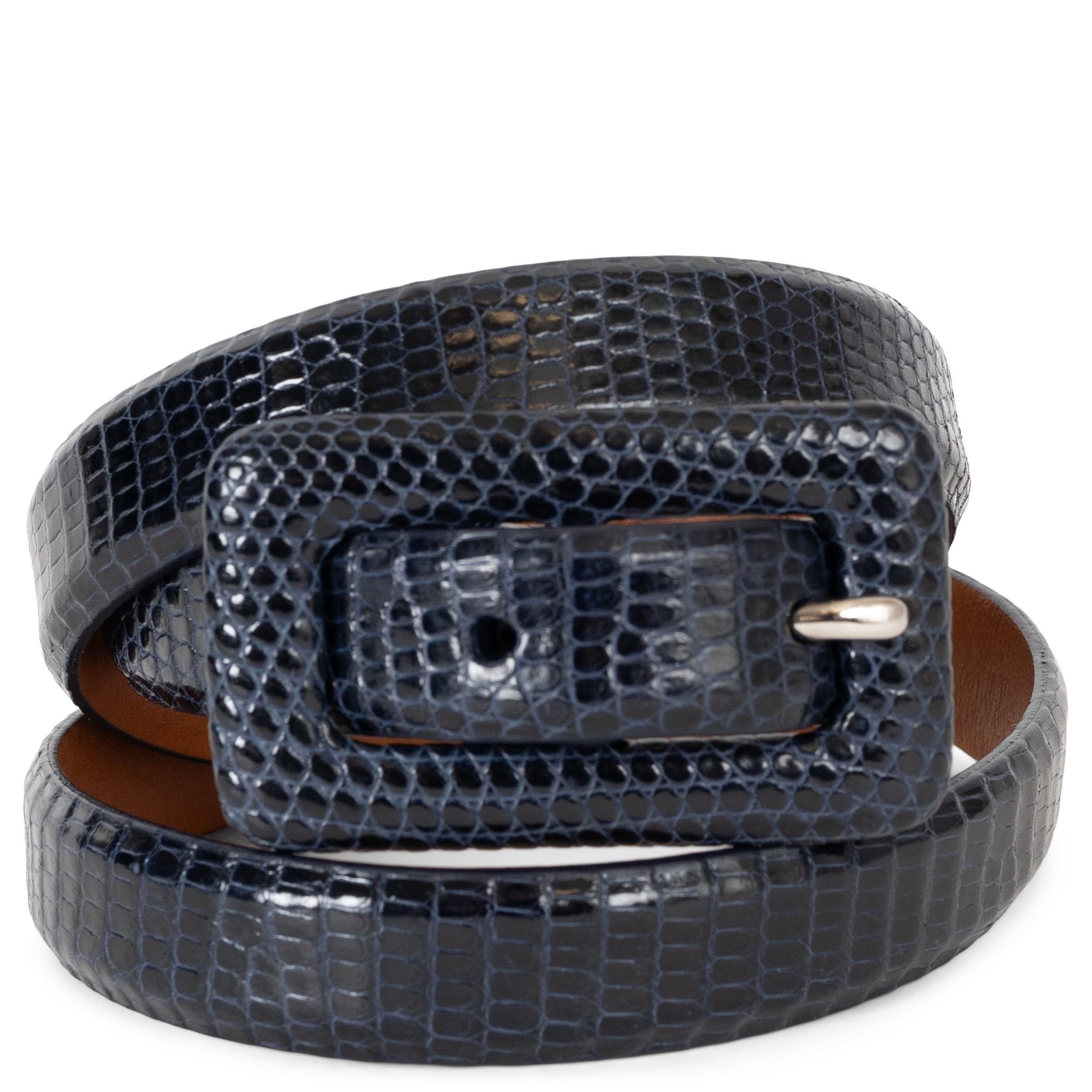 RALPH LAUREN midnight blue LIZARD SKINNY Belt S For Sale