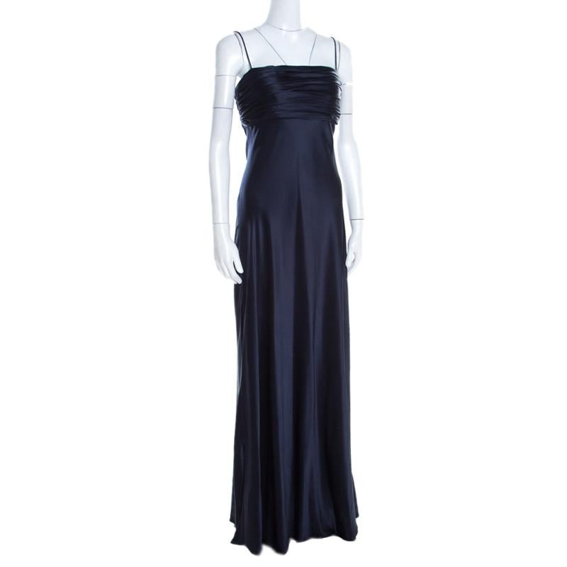 Black Ralph Lauren Midnight Blue Silk Pleated Bandeaux Bodice Evening Gown M