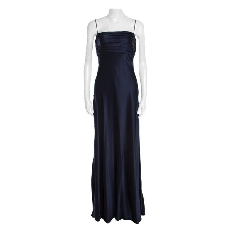Ralph Lauren Midnight Blue Silk Pleated Bandeaux Bodice Evening Gown M