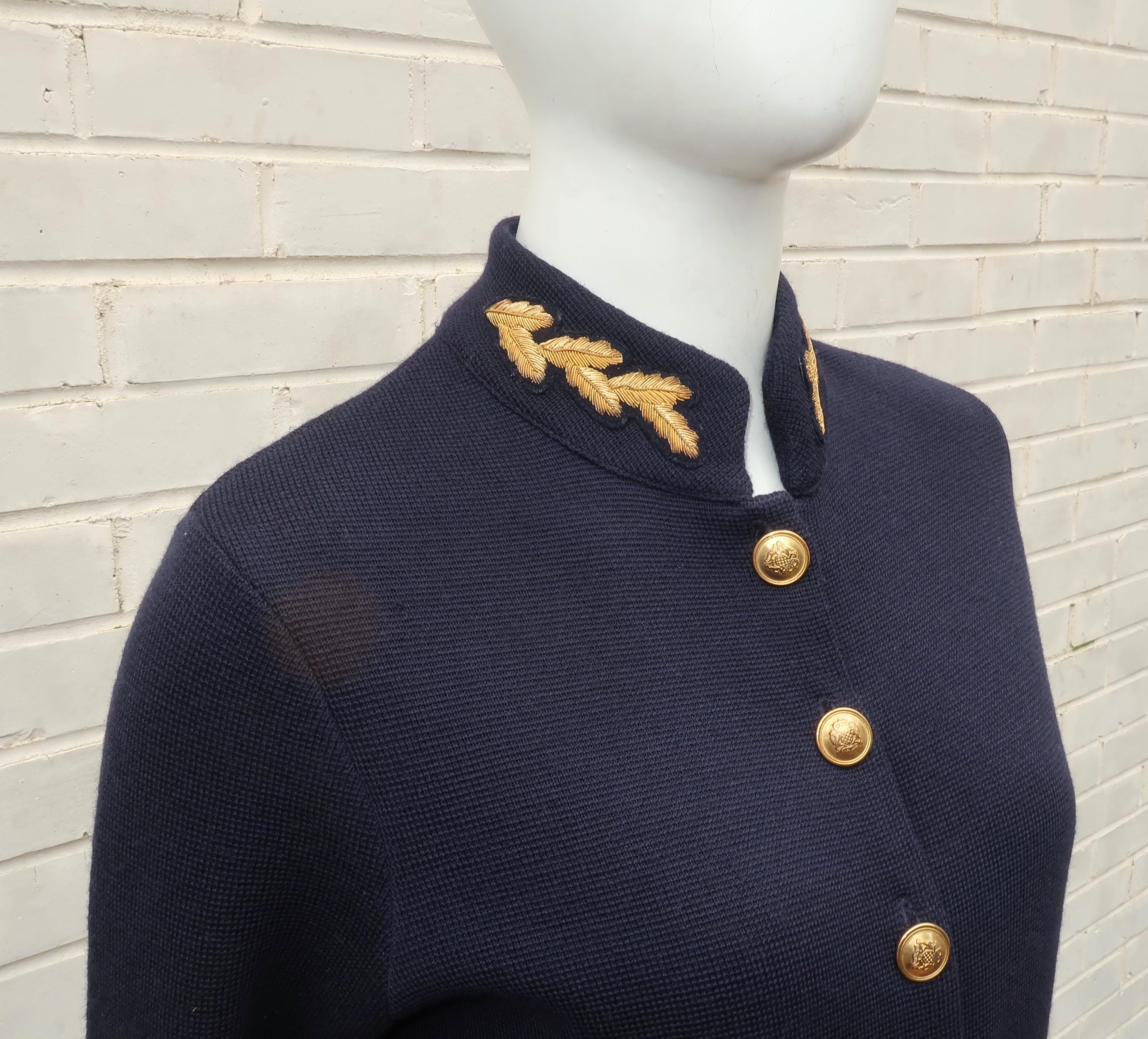 Black Ralph Lauren Military Navy Blue & Gold Wool Sweater Jacket, 1990's