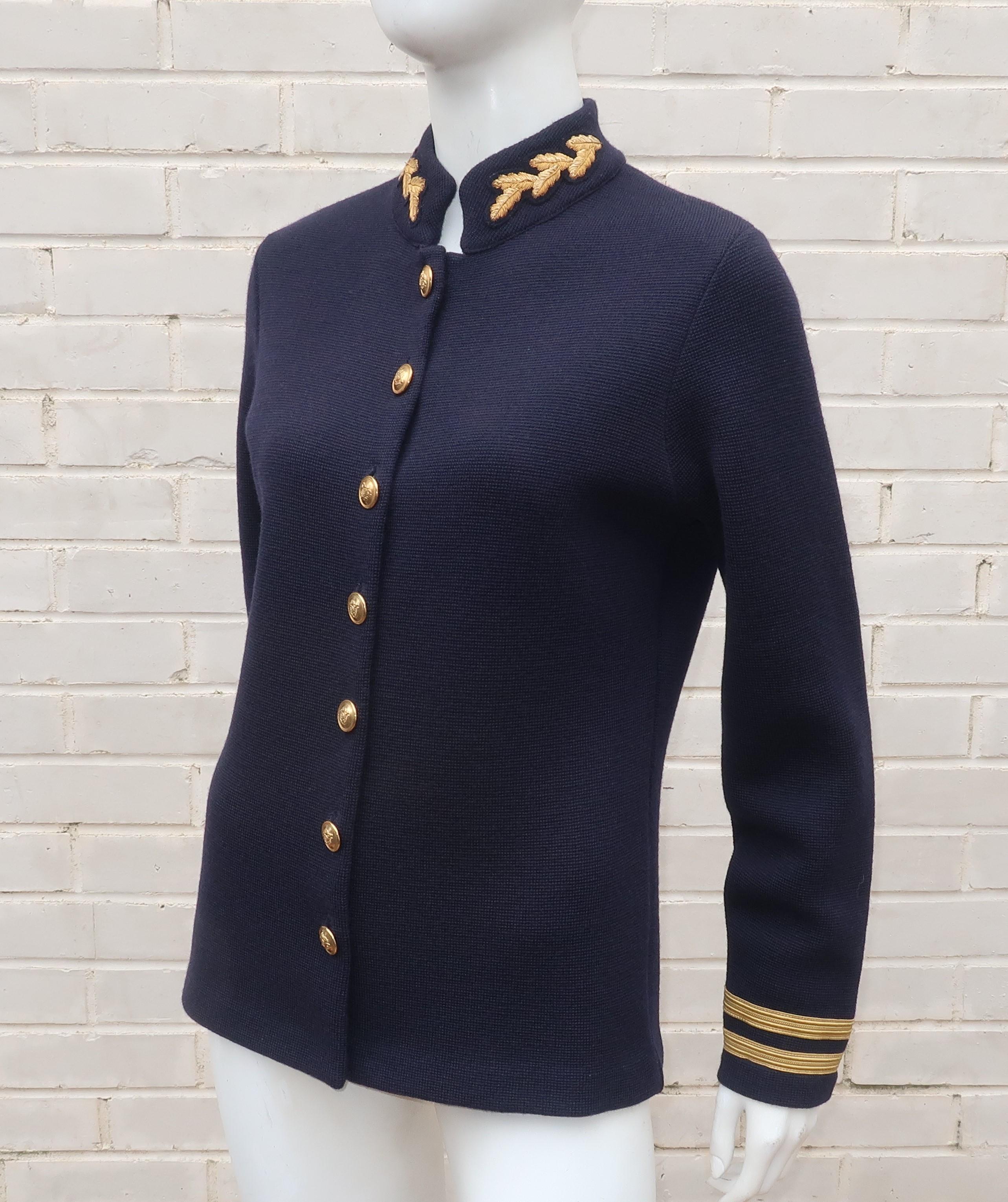 Ralph Lauren Military Navy Blue & Gold Wool Sweater Jacket, 1990's In Good Condition In Atlanta, GA