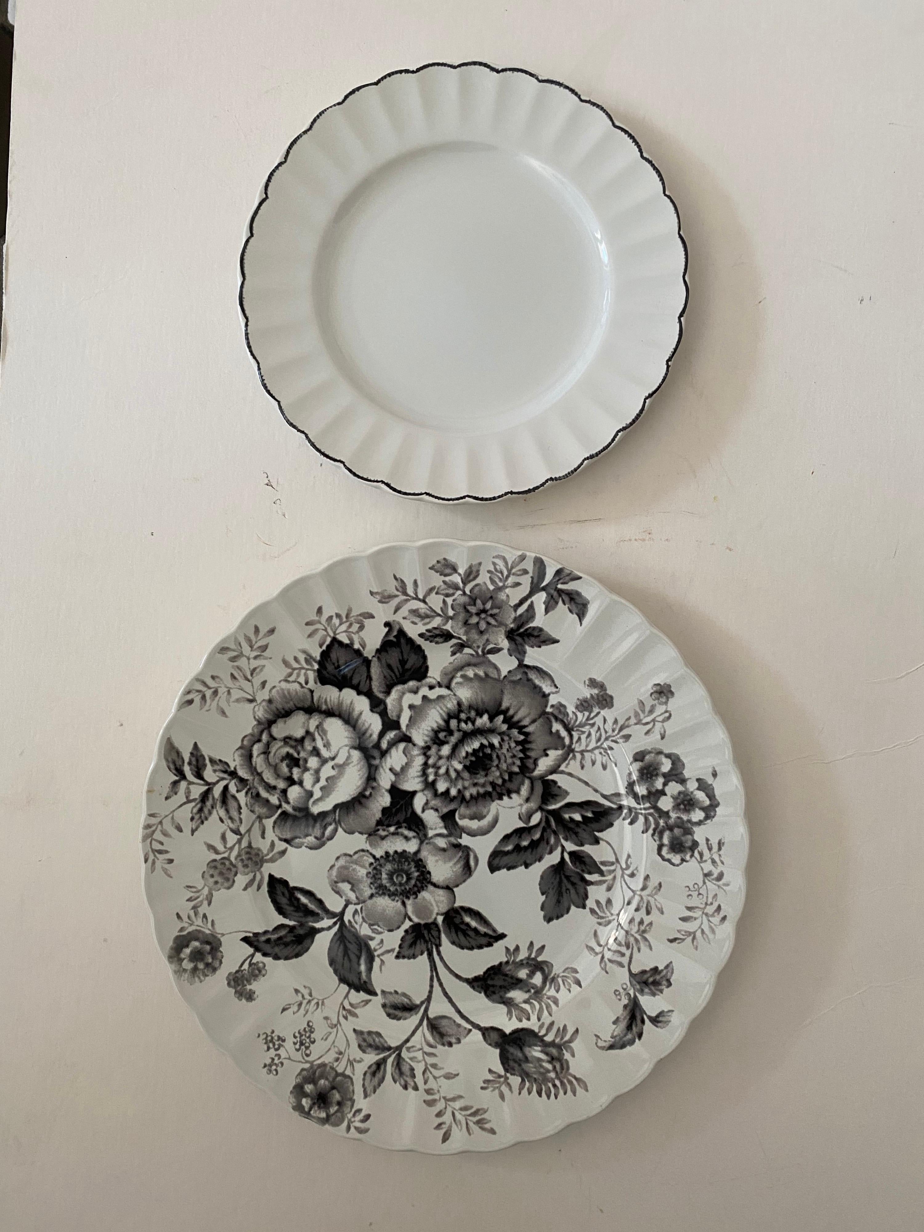 A six (6) piece dinnerware set by Lauren/Ralph Lauren Home in the coordinating Morning Garden and Featherstitch patterns.

Details:
*Scalloped edge
*Signed
*Ceramic ironstone 
*Black pattern on white
*Dinner plate size: 10” W, Salad plate