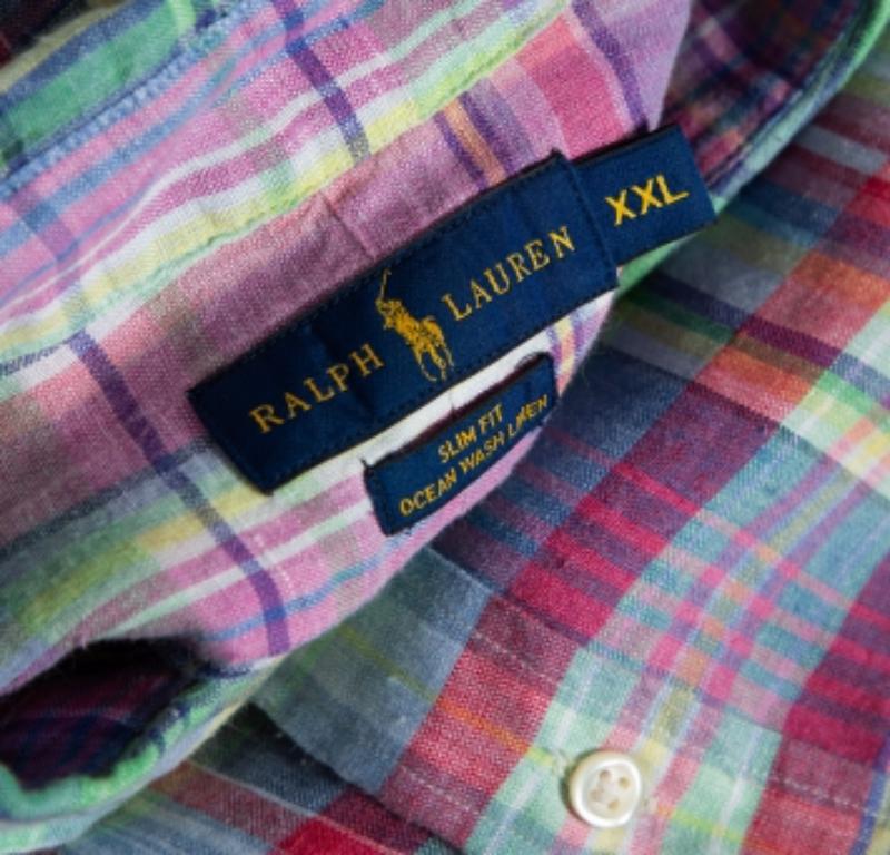 Ralph Lauren Multicolor A Cuadros Lino Lavado Océano Camisa Slim Fit XXL Gris