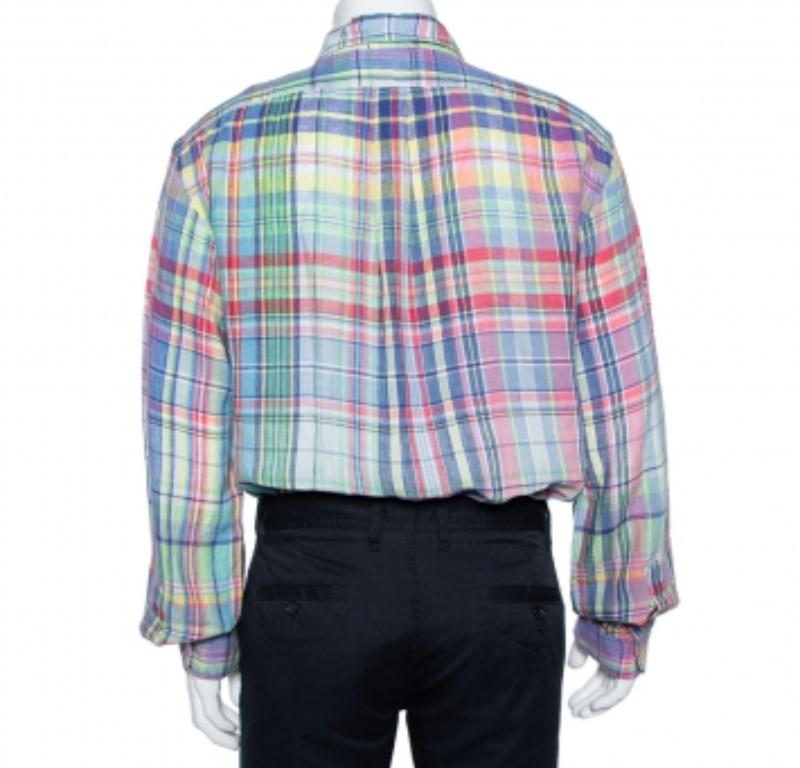 Ralph Lauren Multicolor A Cuadros Lino Lavado Océano Camisa Slim Fit XXL en Excelente Estado en Dubai, Al Qouz 2