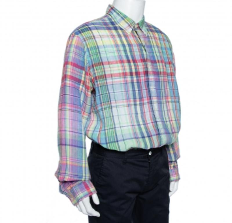 Ralph Lauren Multicolor A Cuadros Lino Lavado Océano Camisa Slim Fit XXL 1