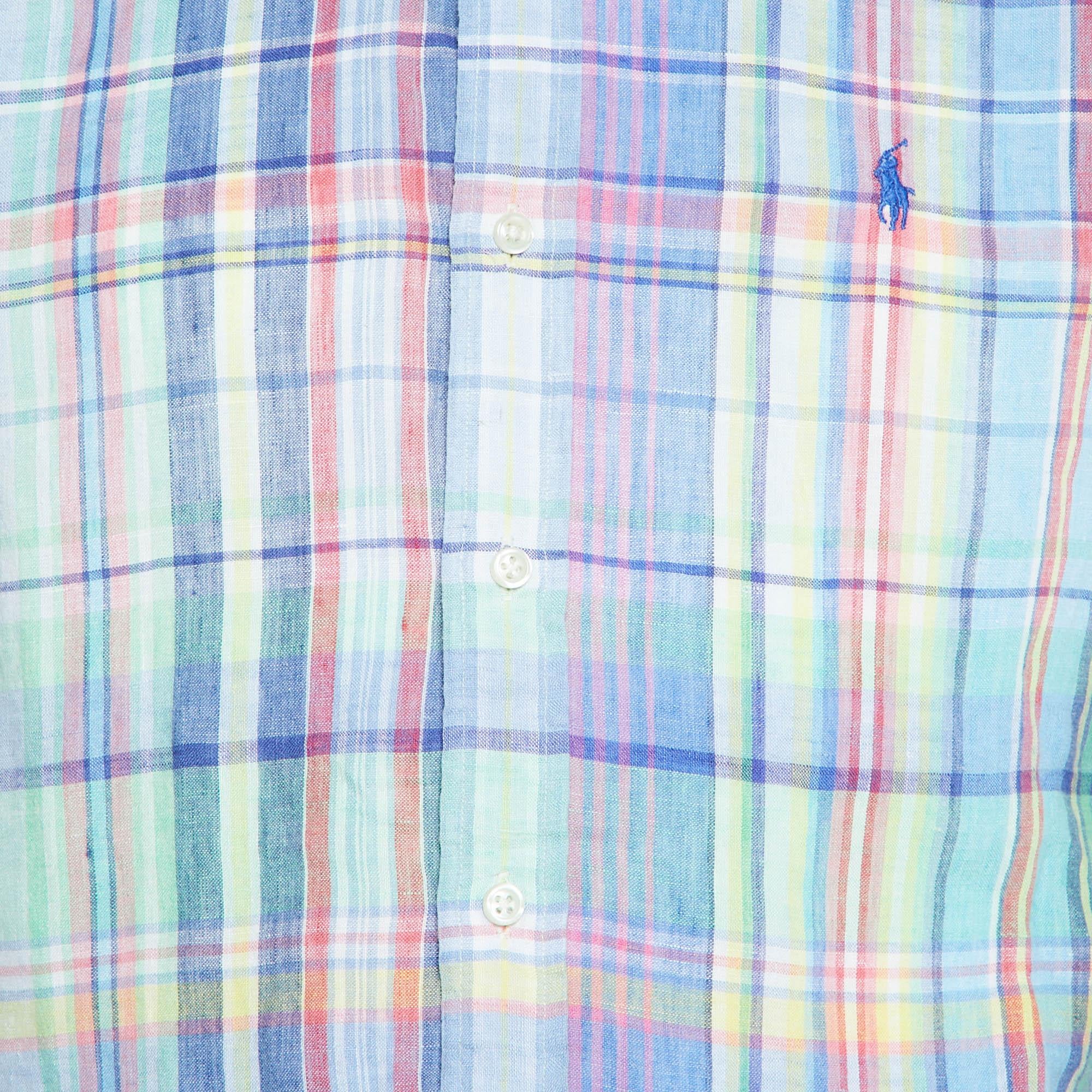 Grigio Ralph Lauren - Camicia in lino con bottoni a quadretti multicolore M. in vendita