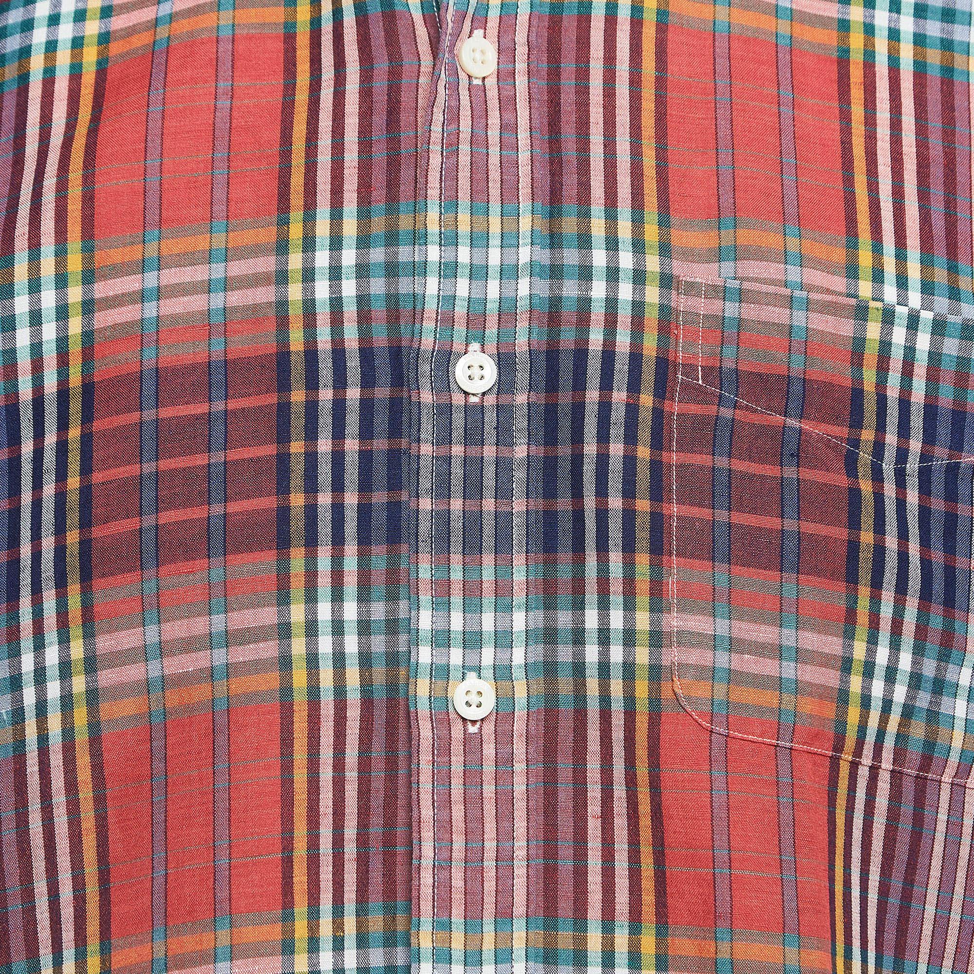 Marrone Ralph Lauren - Camicia in misto lino a quadri tartan multicolore - Custom Fit M. in vendita