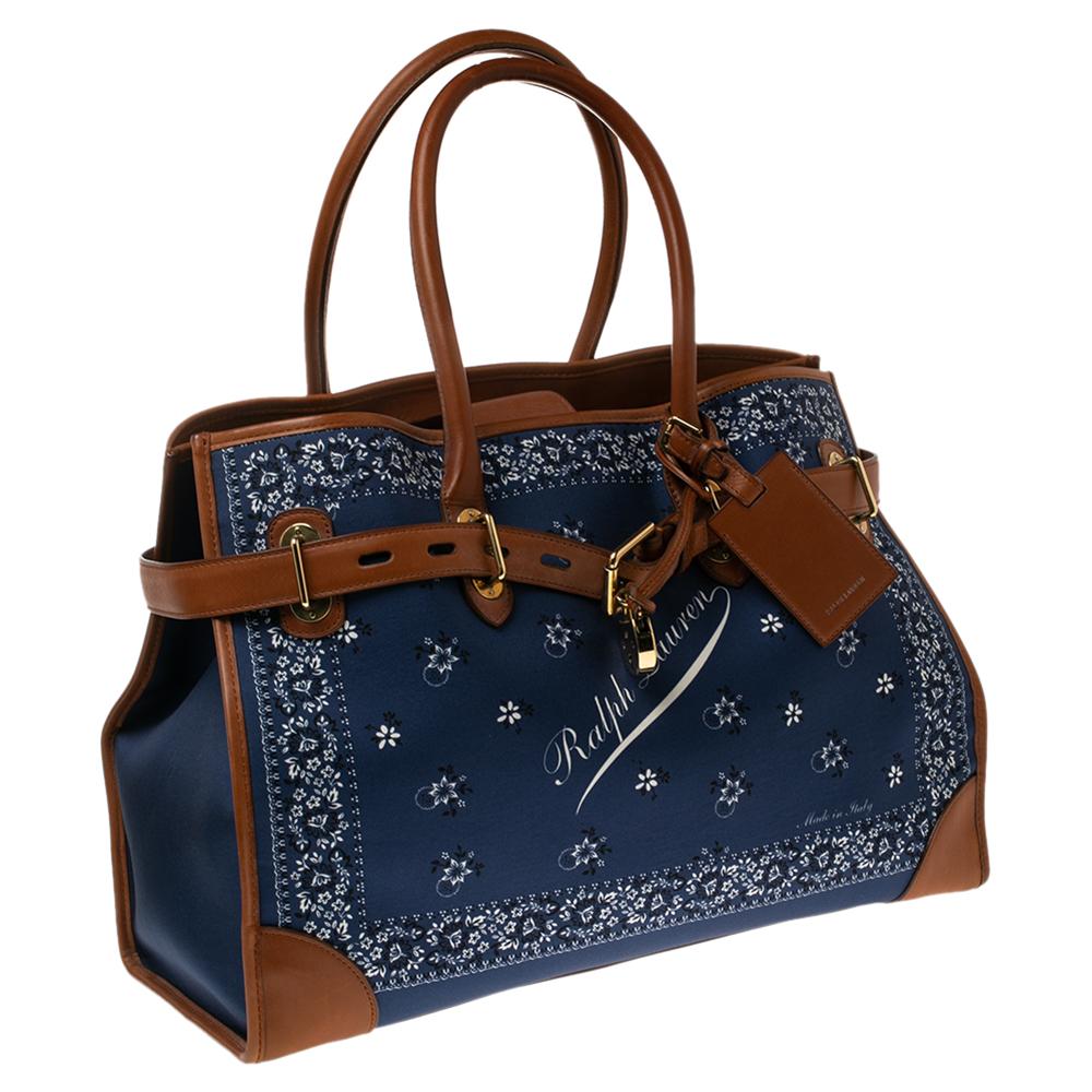 Ralph Lauren Navy Blue/Brown Printed Fabric and Leather Buckle Lock Tote 5