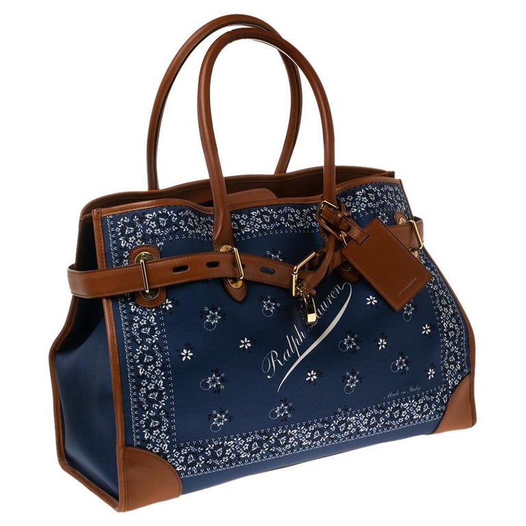 Ralph Lauren Navy Blue/Brown Printed Fabric and Leather Buckle Lock Tote at  1stDibs