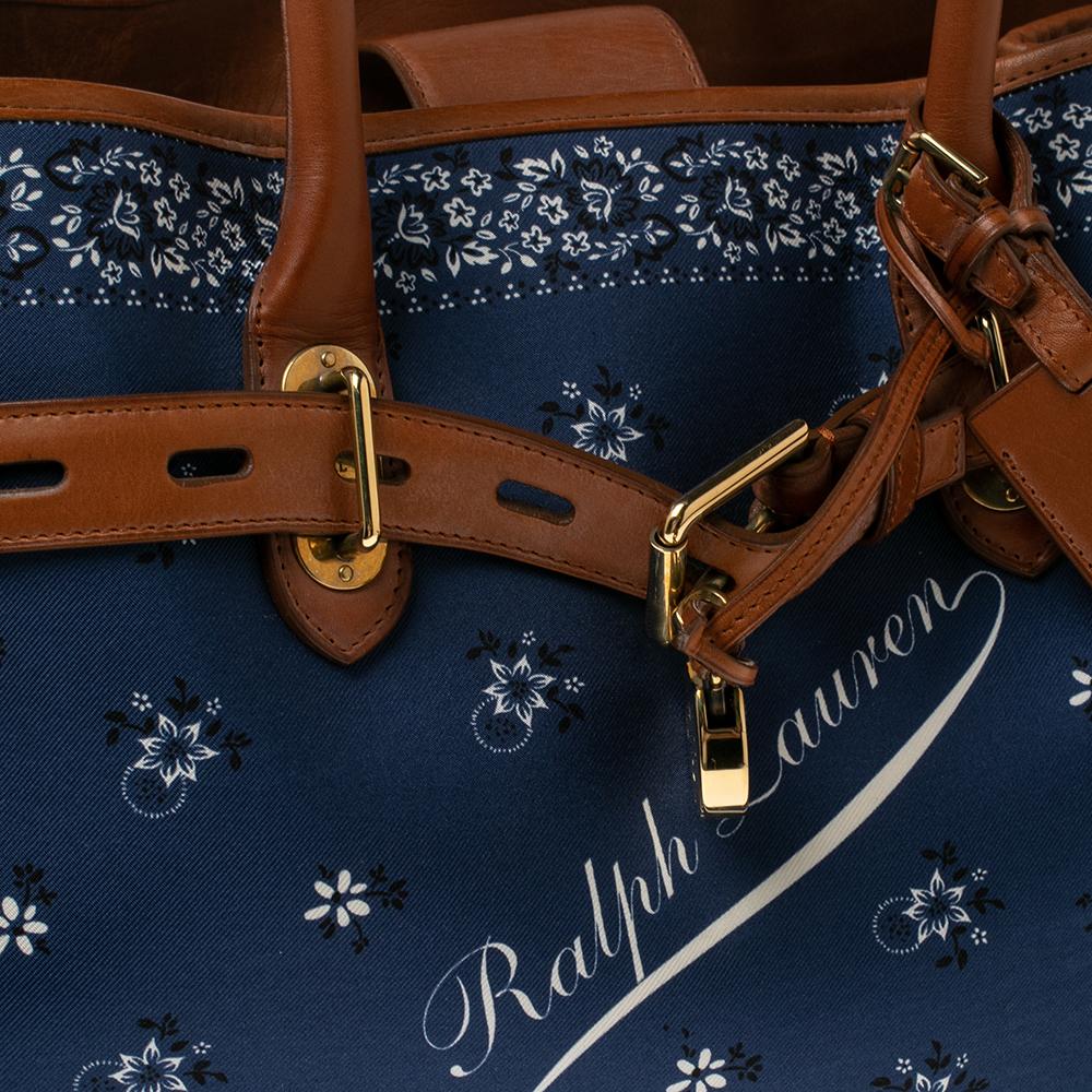 Ralph Lauren Navy Blue/Brown Printed Fabric and Leather Buckle Lock Tote In Good Condition In Dubai, Al Qouz 2