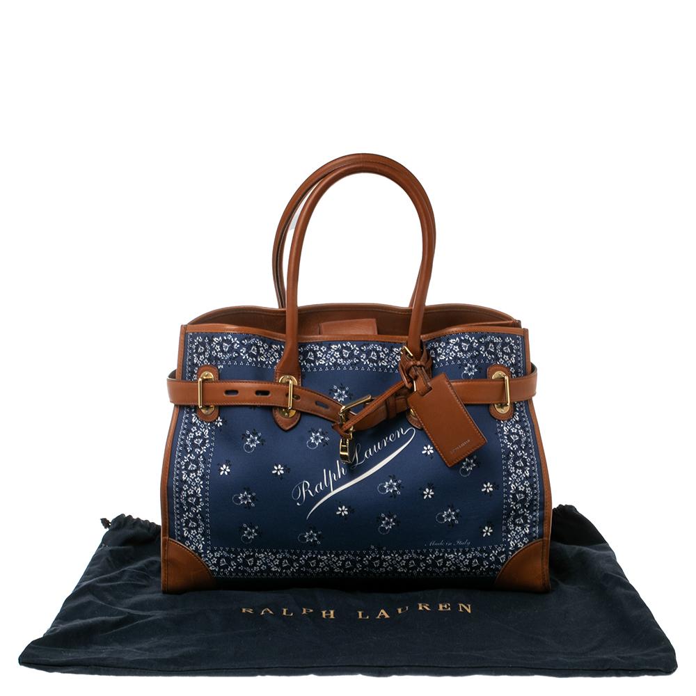 Ralph Lauren Navy Blue/Brown Printed Fabric and Leather Buckle Lock Tote 1