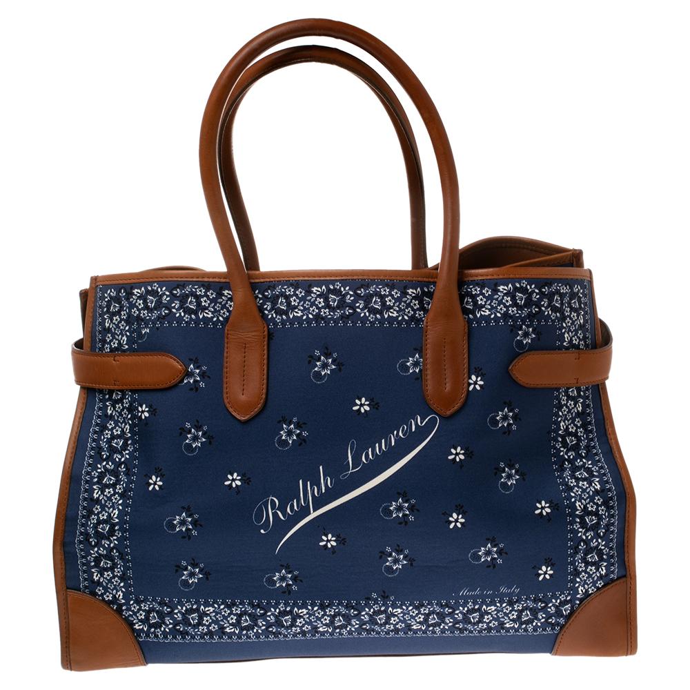 Ralph Lauren Navy Blue/Brown Printed Fabric and Leather Buckle Lock Tote 3