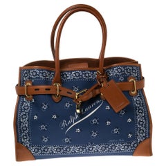 Ralph Lauren Navy Blue/Brown Printed Fabric and Leather Buckle Lock Tote