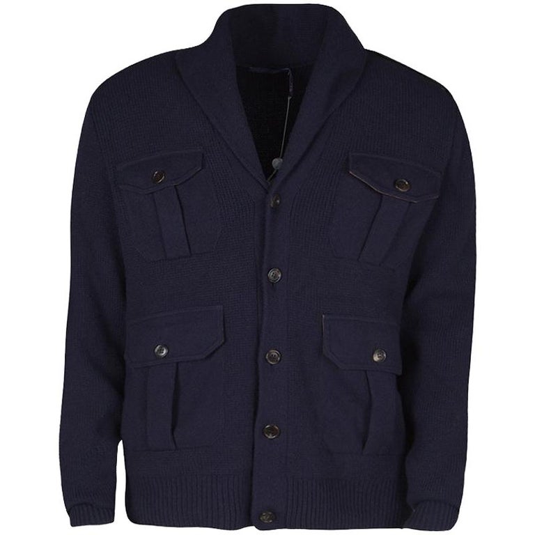 Ralph Lauren Navy Blue Cashmere Leather Elbow Patch Detail Cardigan L