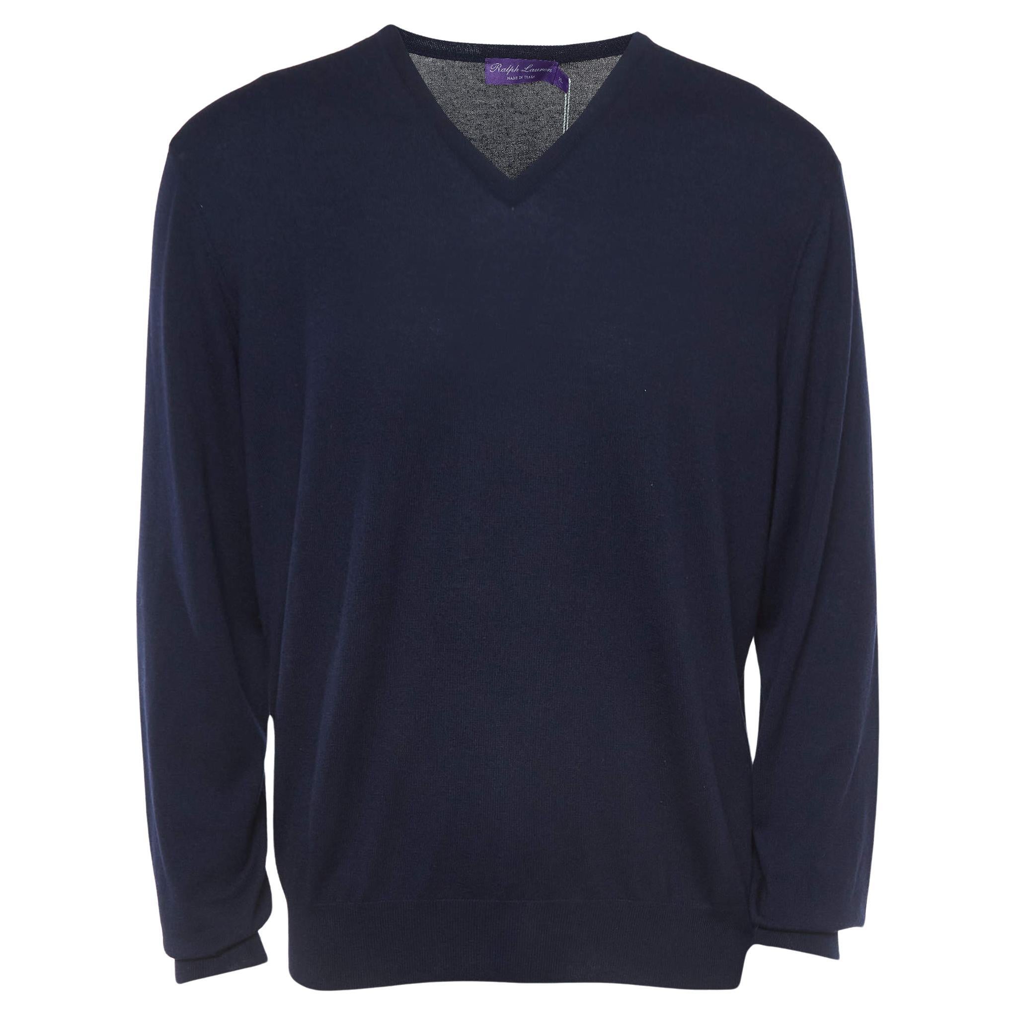 Ralph Lauren Navy Blue Cashmere V-Neck Sweater XL For Sale