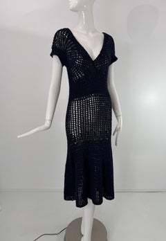 Ralph Lauren Navy Blue Cotton/Linen Hand Knitted Open Work Short Sleeve Dress S
