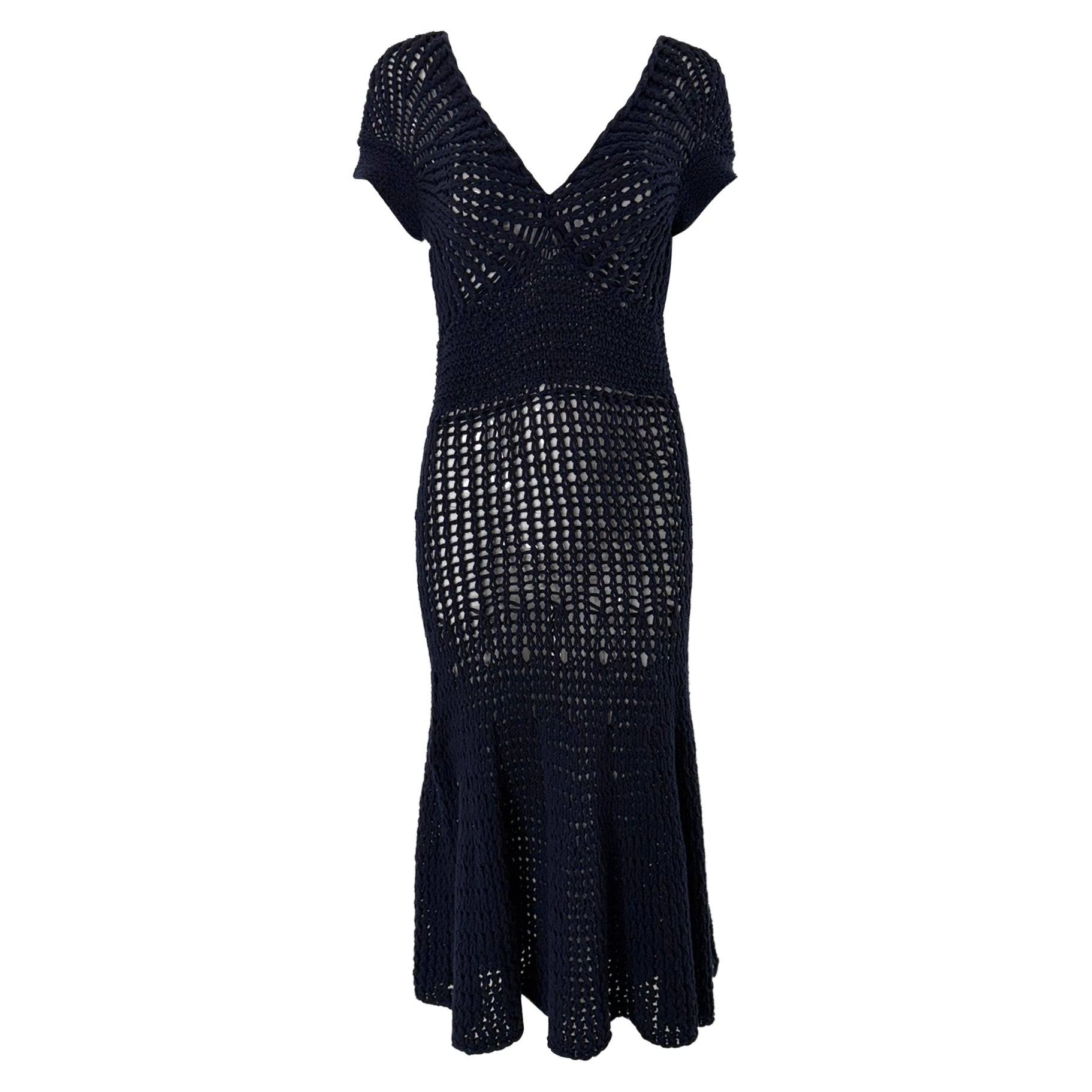 Ralph Lauren Marineblau Baumwolle/Leinen Hand gestrickt offene Arbeit Kurzarm Kleid S
